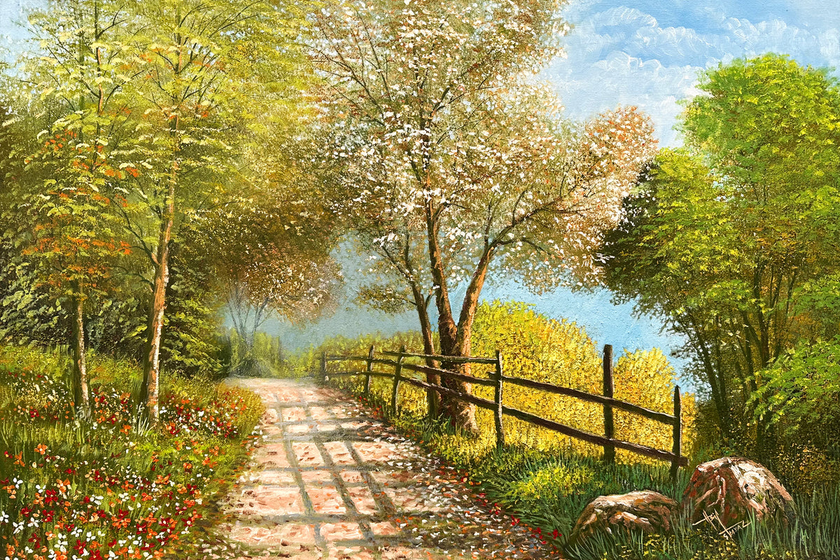 Asif Ghayaz Tranquil Horizons oil on canvas 24x36 inches sunny path flowering trees garden sold out artwork
