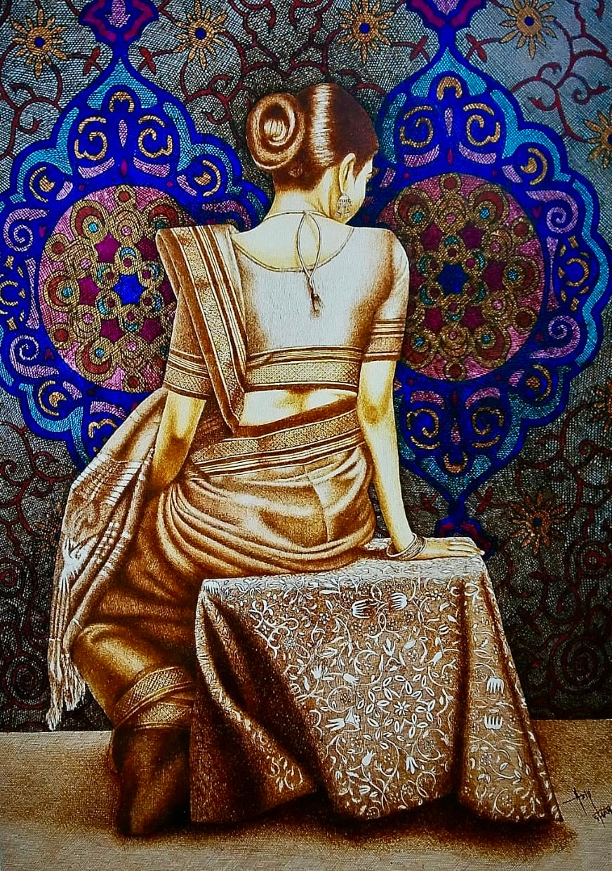 Asif Ghayaz Veil of Tradition pen ink on paper 22x31 inches woman in sari blue mandala background sold out artwork
