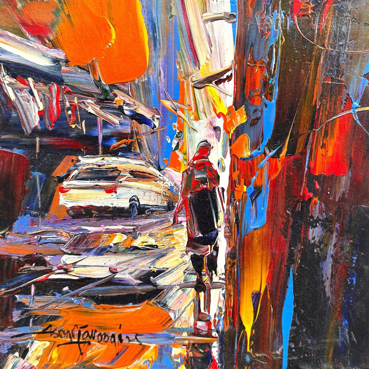 Asrar Farooqi Alleyway oil on canvas 12x12 inches Pakistani urban street painting