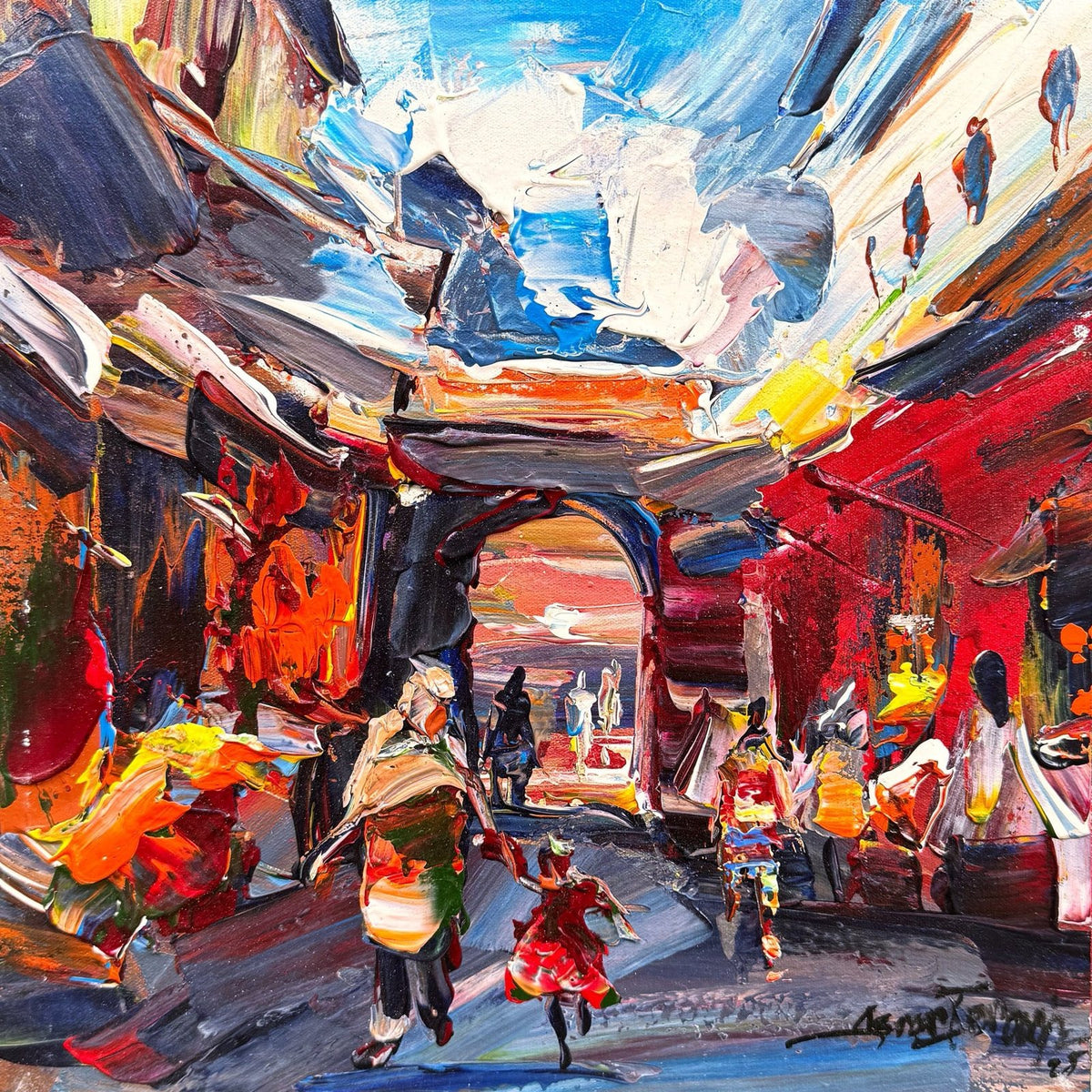 Asrar Farooqi Old City Lane oil on canvas 12x12 inches Pakistani urban heritage painting