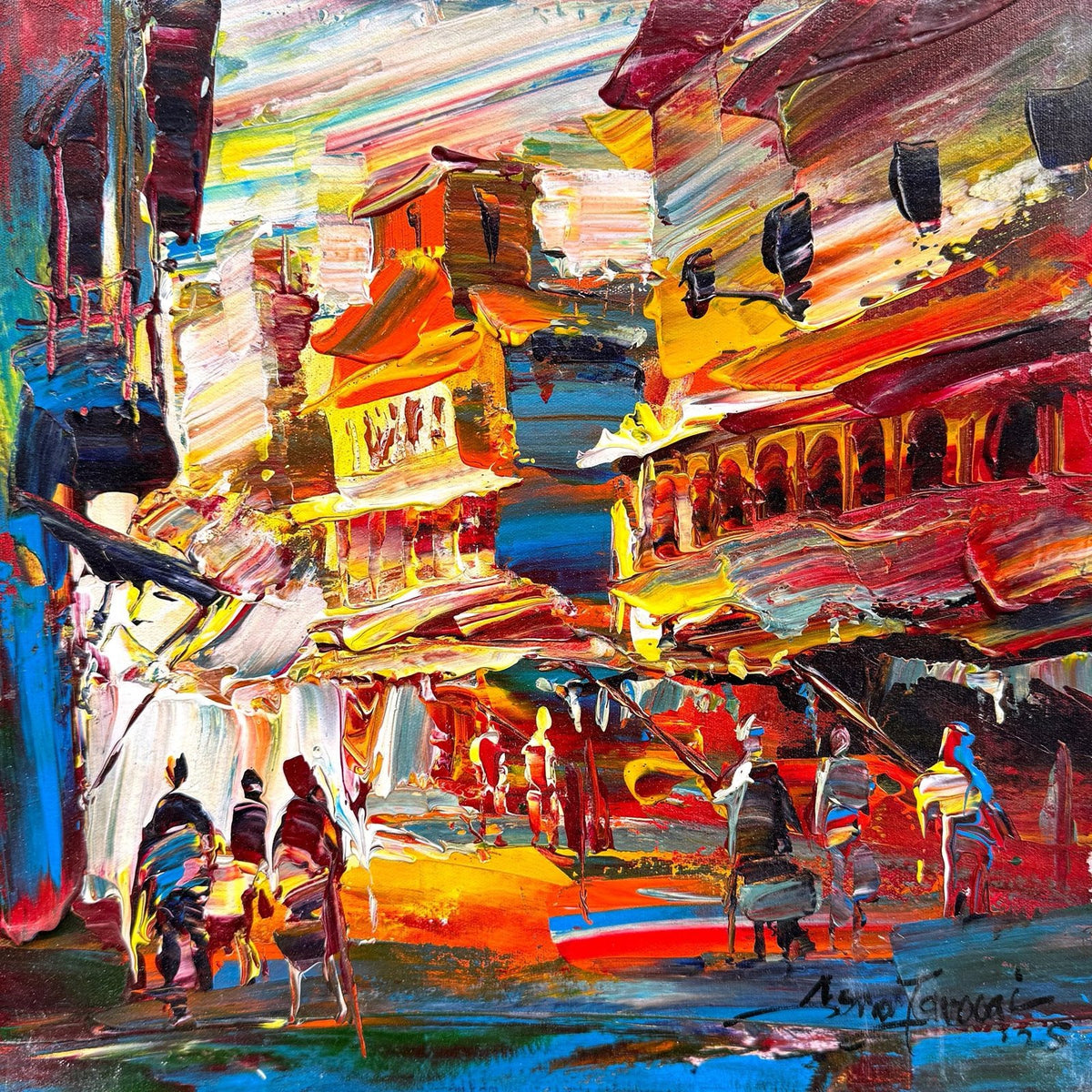 Asrar Farooqi Old Market Street oil on canvas 12x12 inches Pakistani heritage urban painting