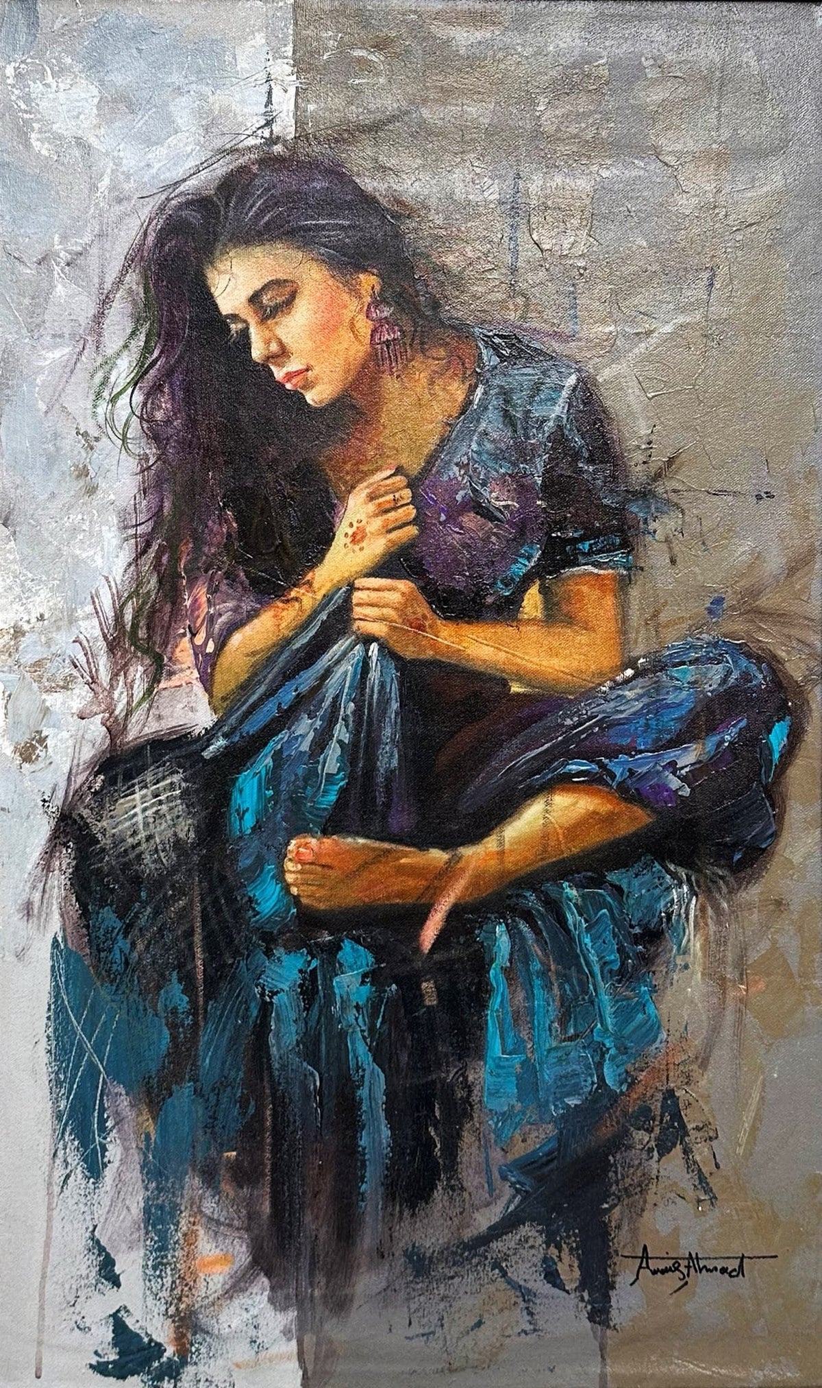 Awais Ahmed 20x30 oil on canvas - woman in blue dress seated melancholic portrait