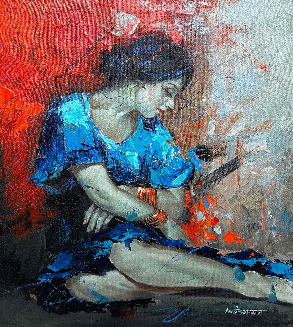 Awais Ahmed 18x20 oil on canvas - Blue Reverie seated girl blue dress painting