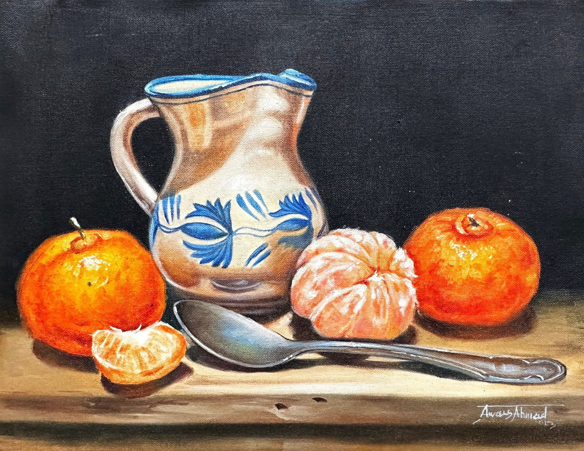 Awais Ahmed 12x16 oil on canvas - Citrus Morning still life painting with oranges