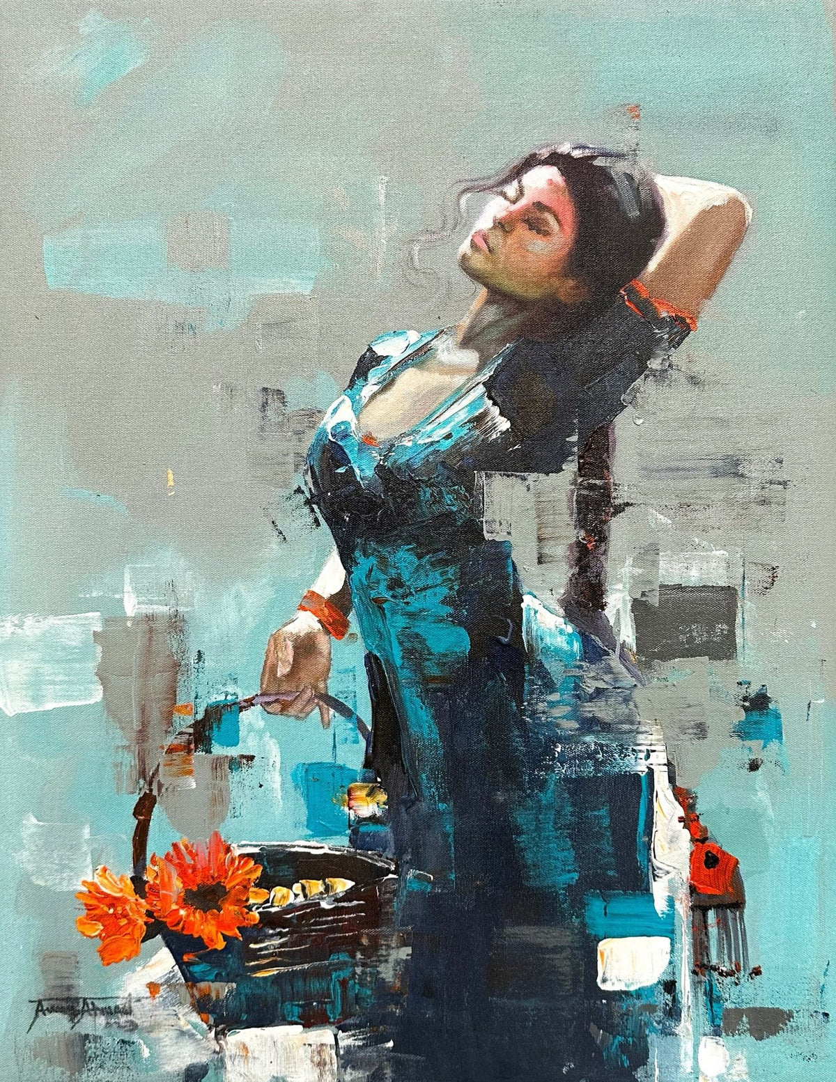 Awais Ahmed 18x24 oil on canvas - woman with flower basket in blue dress