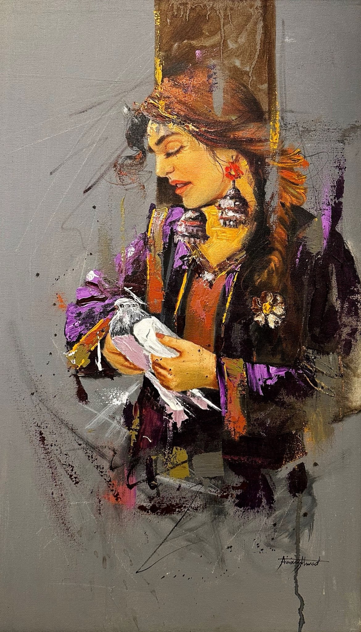 Awais Ahmed 16x28 oil on canvas - Messenger Of Peace tribal girl with dove painting