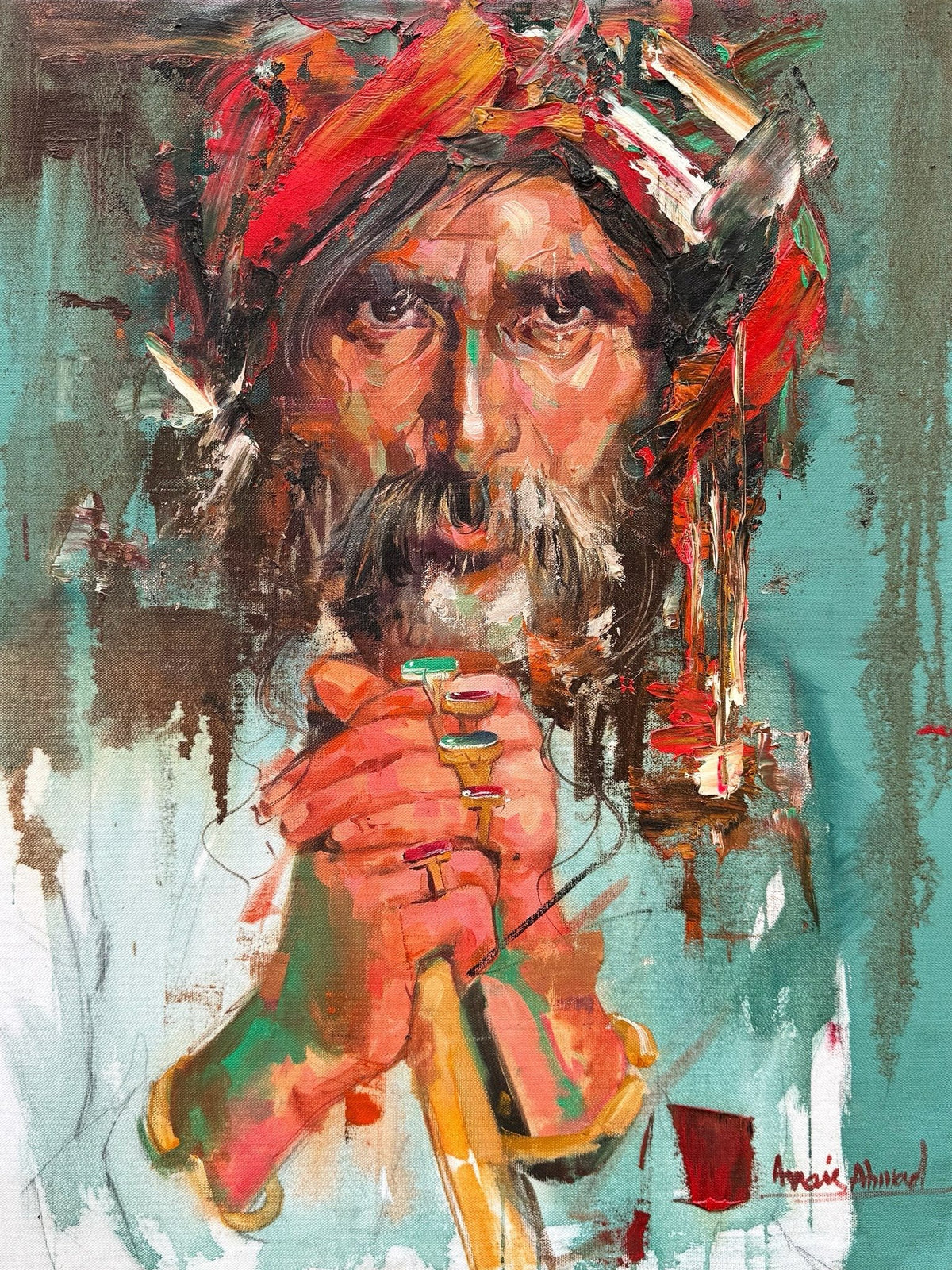 Awais Ahmed Tribal Elder Red Turban Contemplation oil on canvas 18x24 inches tribal portrait painting