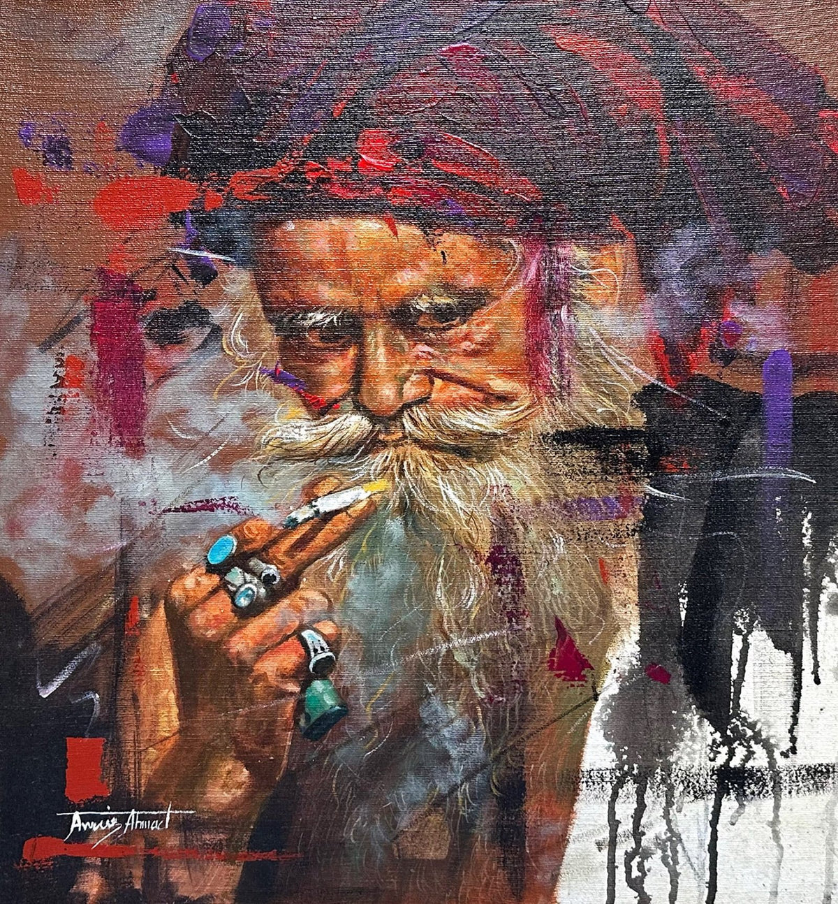 Awais Ahmed Tribal Elder Smoke Ritual oil on canvas 20x24 inches tribal elder smoking portrait painting