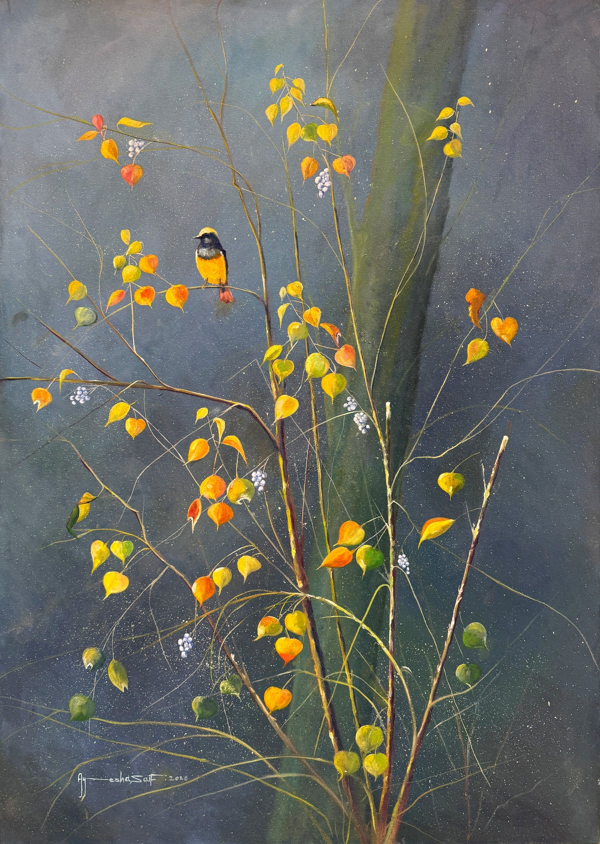 Ayesha Saif oil on canvas 30x42 inches golden yellow bird orange yellow leaves misty grey nature painting