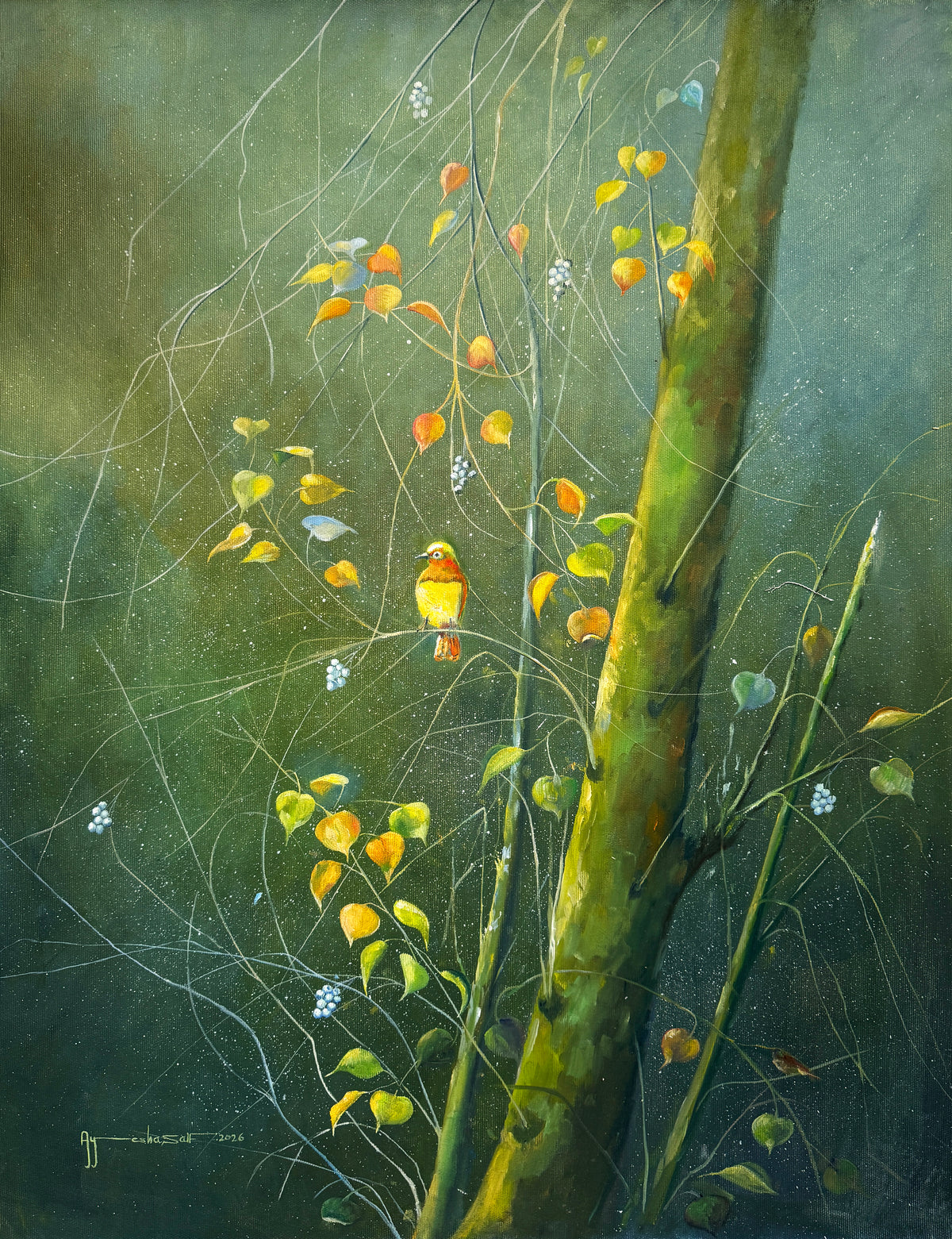 Ayesha Saif oil on canvas 30x42 inches golden yellow bird orange yellow leaves green trunk misty emerald forest nature painting