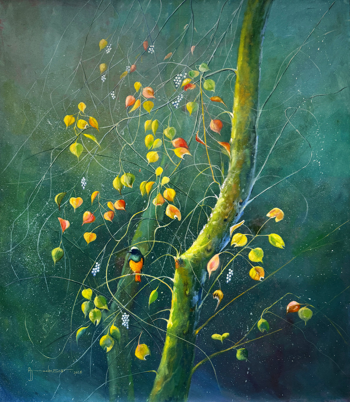 Ayesha Saif oil on canvas 36x42 inches orange yellow bird yellow orange leaves green trunk teal nature painting
