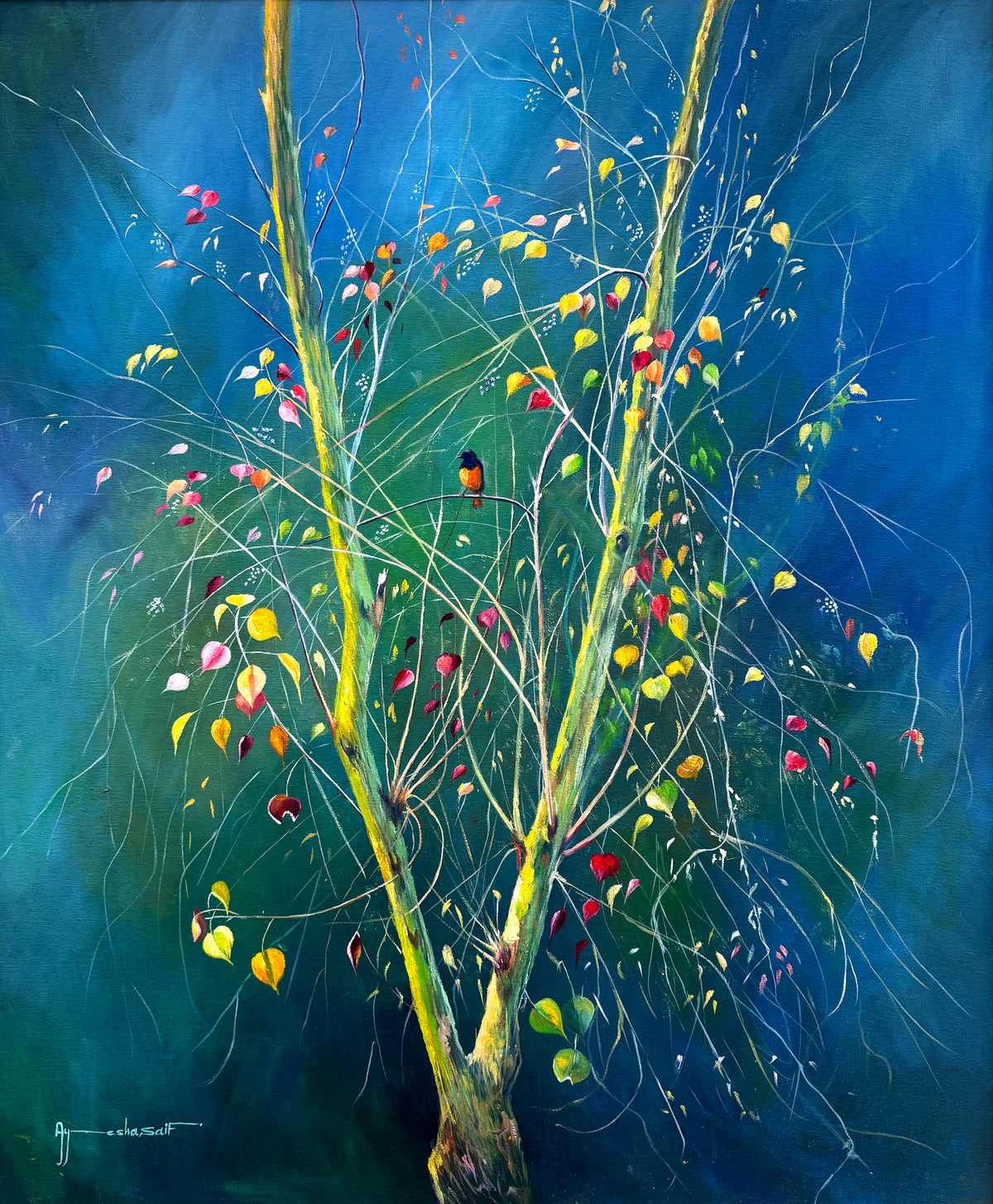 Ayesha Saif oil on canvas 30x36 inches twin trees with solitary bird colorful leaves blue green nature painting