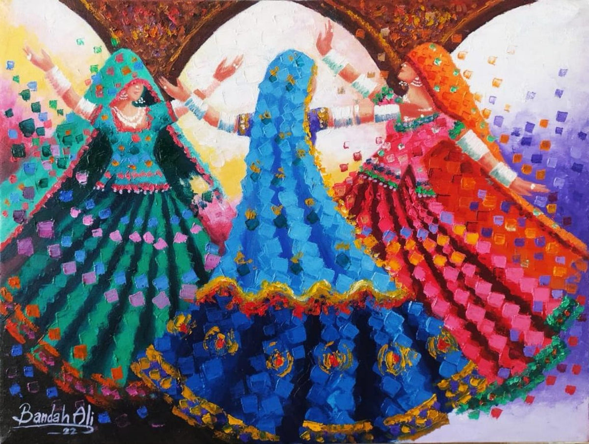 Bandah Ali 18x24 oil on canvas - Graceful Whirl dancing women painting