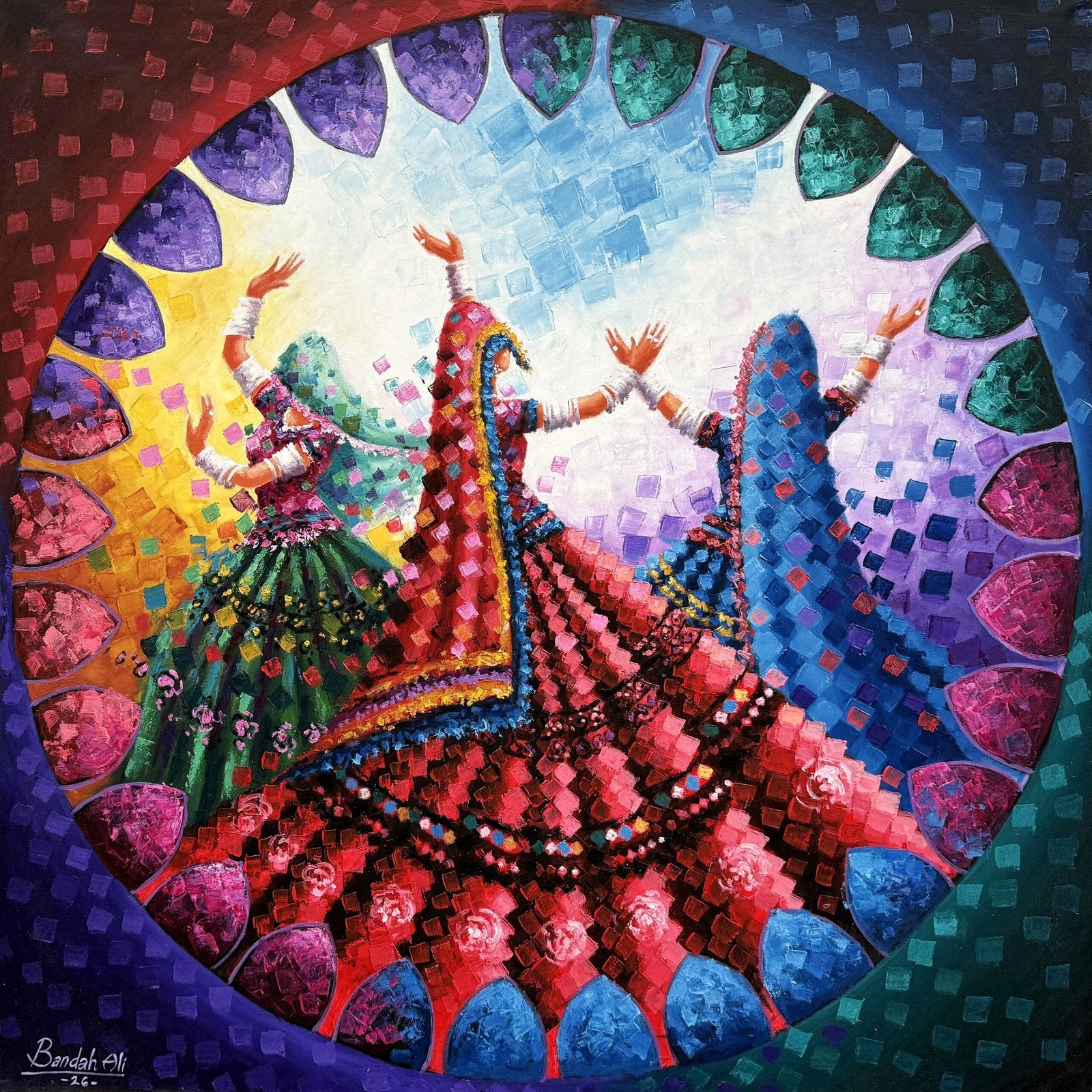 Bandah Ali Raqs-e-Rang Sindhi Women Dance Oil on Canvas 36x36 inches