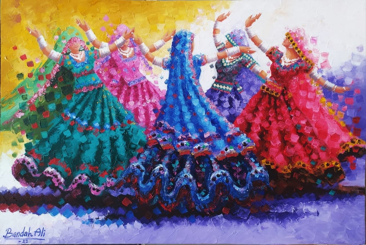 Bandah Ali 24x36 oil on canvas - The Graceful Rhythm dancing women painting