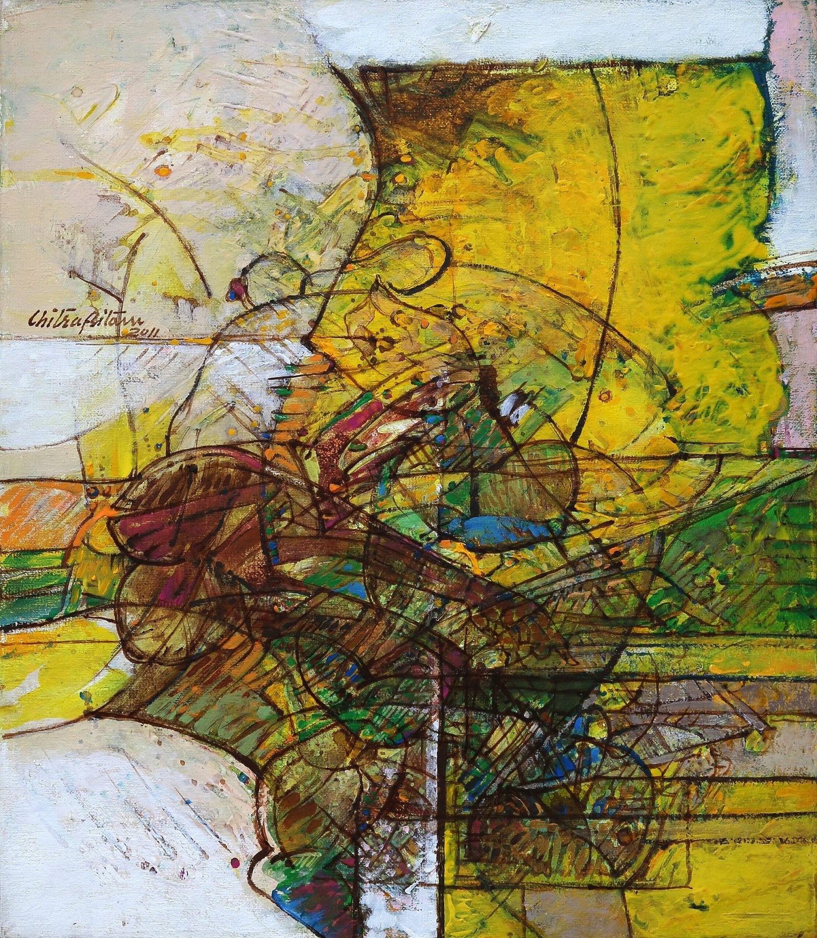 Chitra Pritam Abstract Yellow Painting 14x16 inches 2011