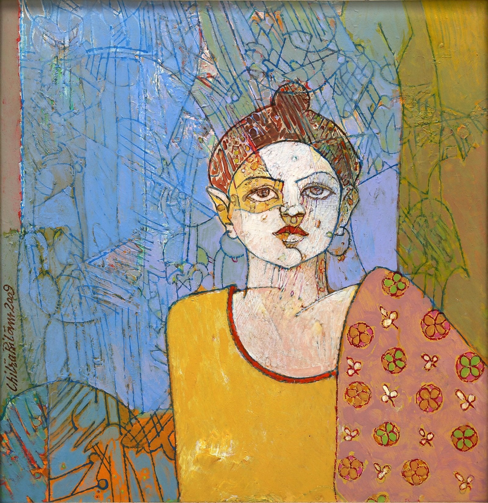 Chitra Pritam Woman Portrait Painting Oil On Board 12x13 inches 2009