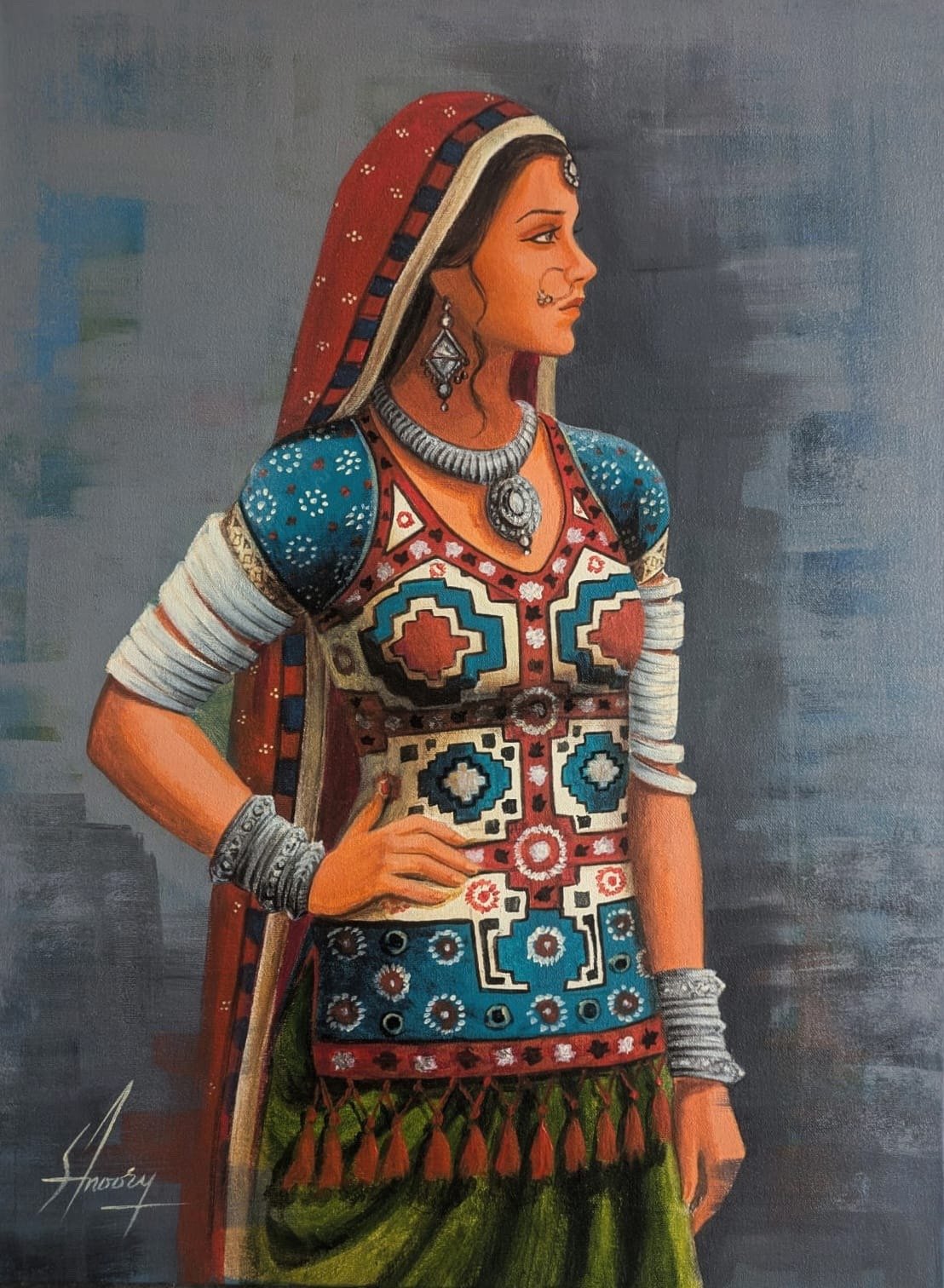 S. A. Noory Heritage Muse Sindhi Ajrak Woman Acrylic on Canvas 18x24 inches