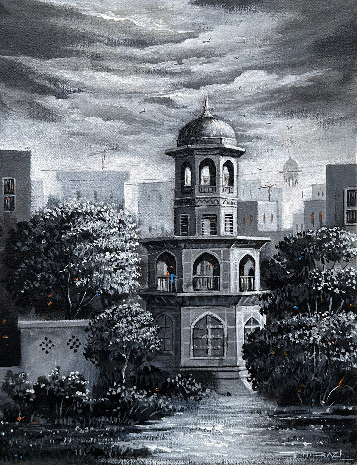 G N Qazi Cityscape Reflections monochrome tower reflection acrylic on canvas 12x16 inches black white Mughal tower painting