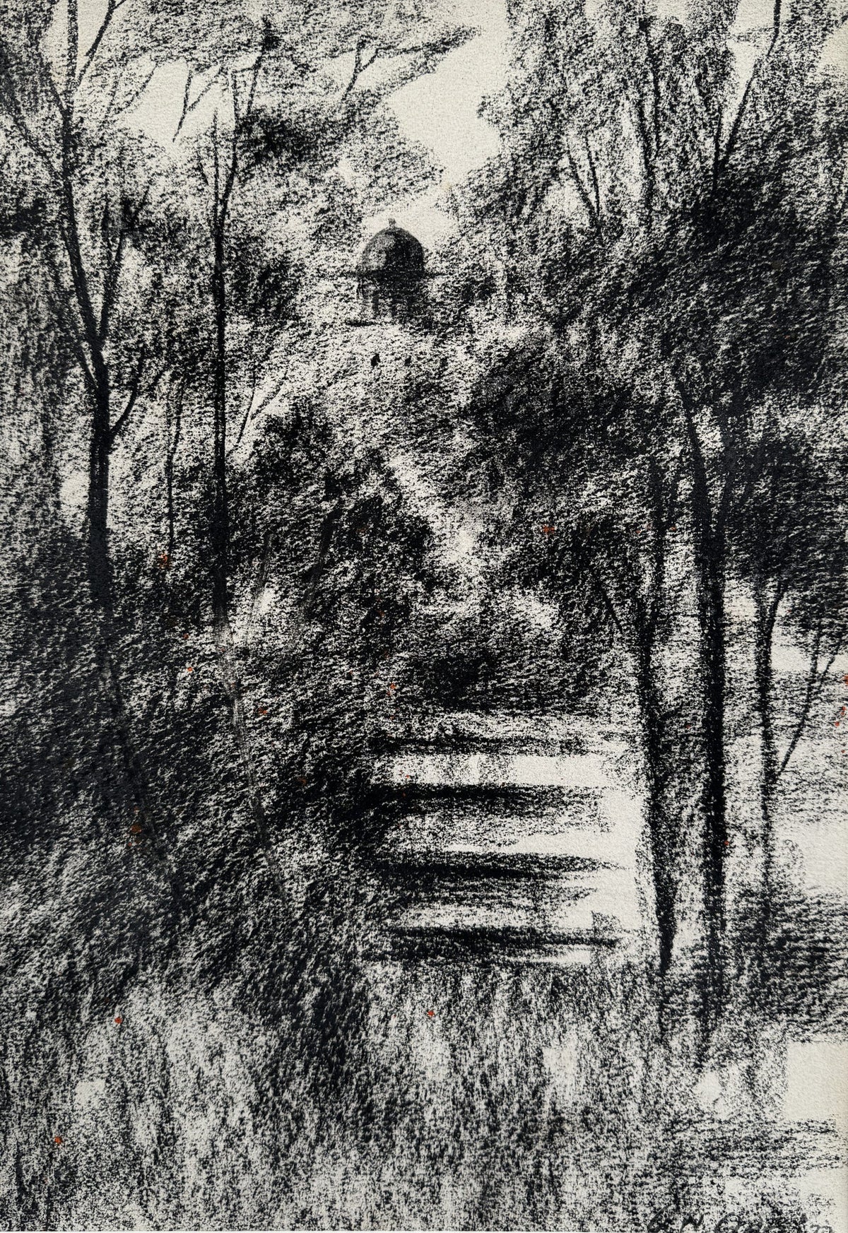 G N Qazi Hidden Shrine forest stairs dome monochrome drawing charcoal on paper 11x16 inches charcoal forest drawing