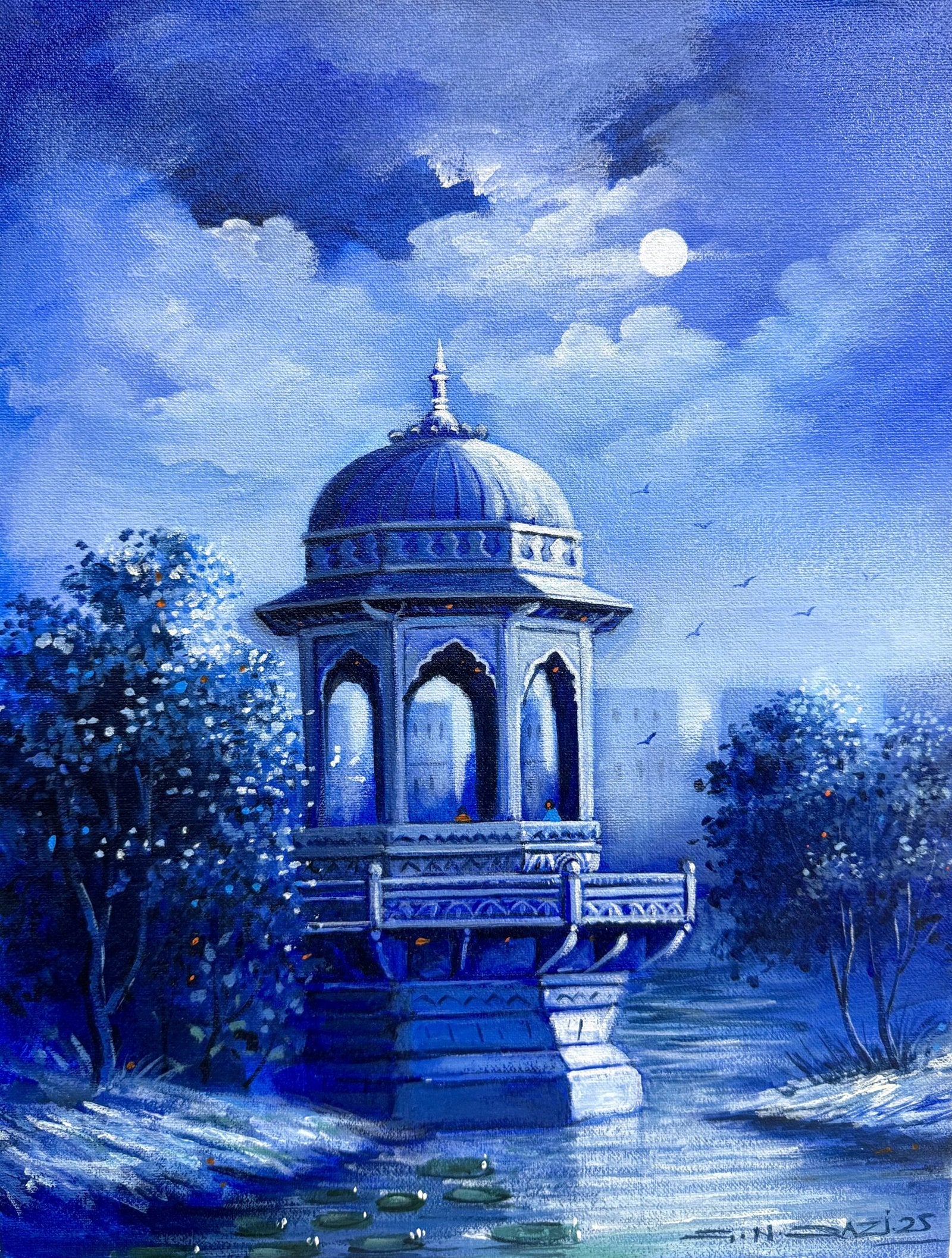 G N Qazi Moonlit Pavilion Acrylic on Canvas 12x16 inches | Blue Chhatri Water Moon Night