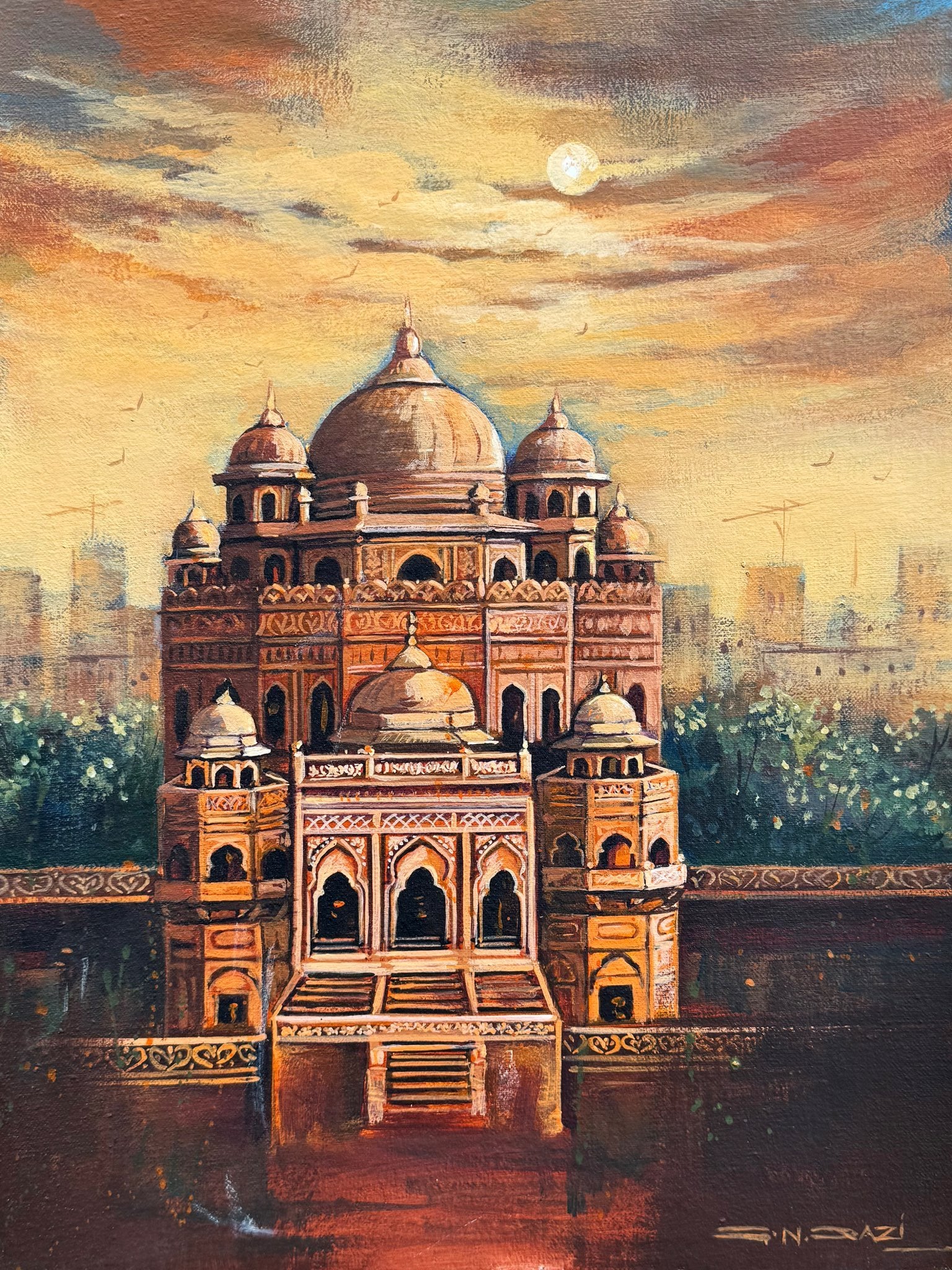 G N Qazi Mughal Tomb Acrylic on Canvas 12x16 inches | Dome Sunset Moon Architecture - Sold