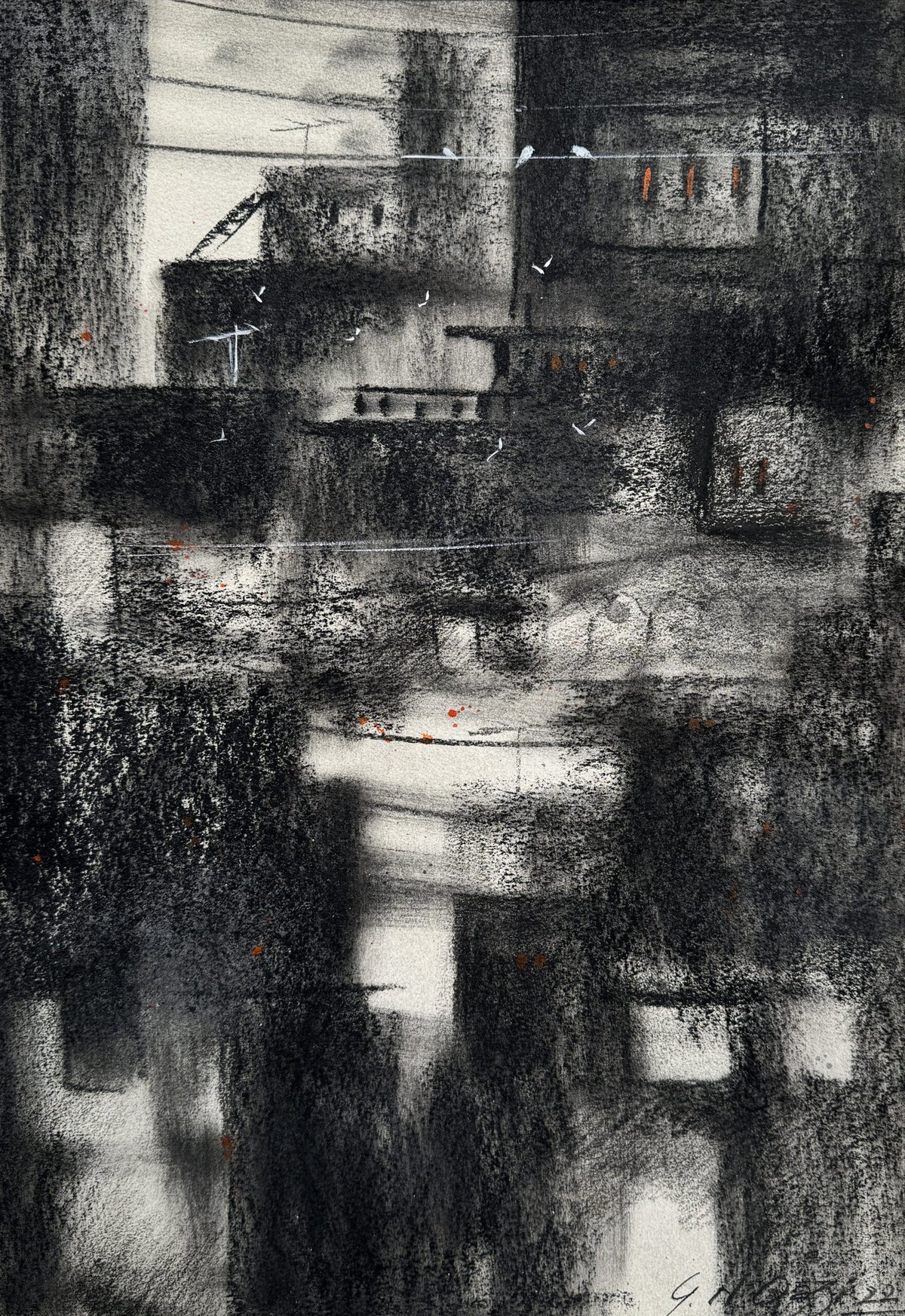 G N Qazi Urban Echoes city blocks birds wires monochrome charcoal on paper 11x16 inches urban charcoal drawing