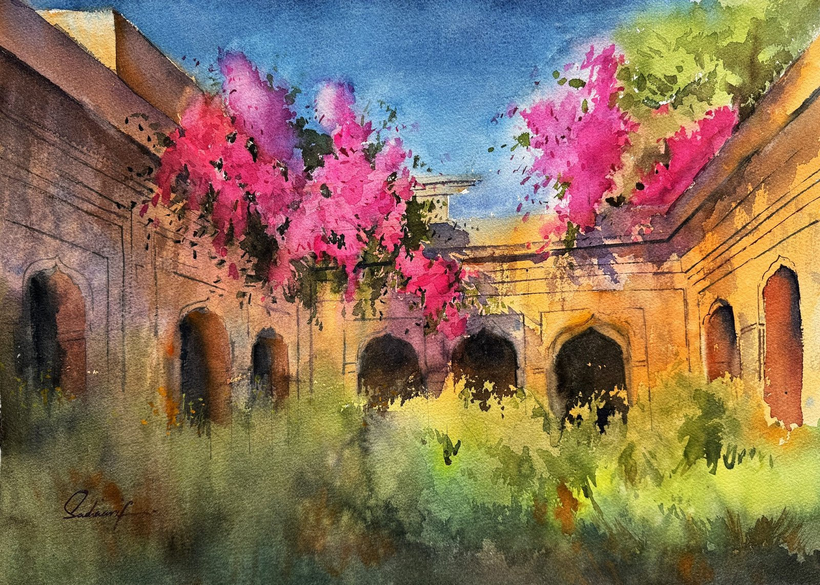 Sadia Arif | Title: Golden Alley | Medium: Watercolor On Paper | Size: 15x21 inches