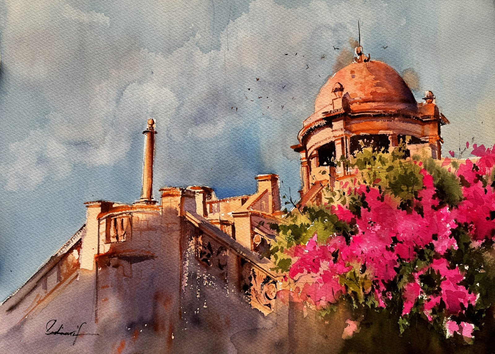 Sadia Arif | Title: Golden Alley | Medium: Watercolor On Paper | Size: 15x21 inches