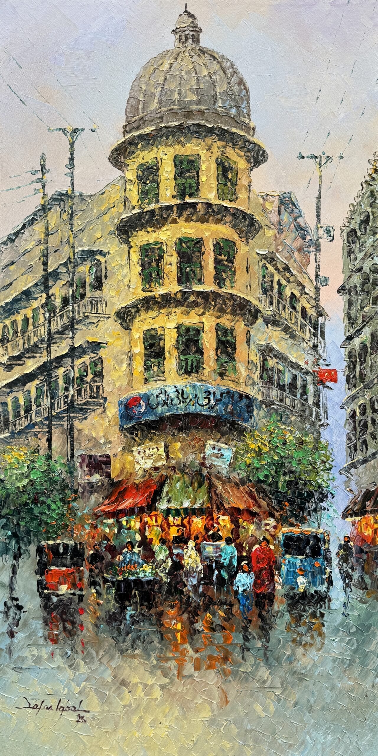 Zafar Iqbal Khan | Title: Karachi Tower – The Pulse of the Old City  | Medium: Oil On Canvas | Size: 18x36 inches