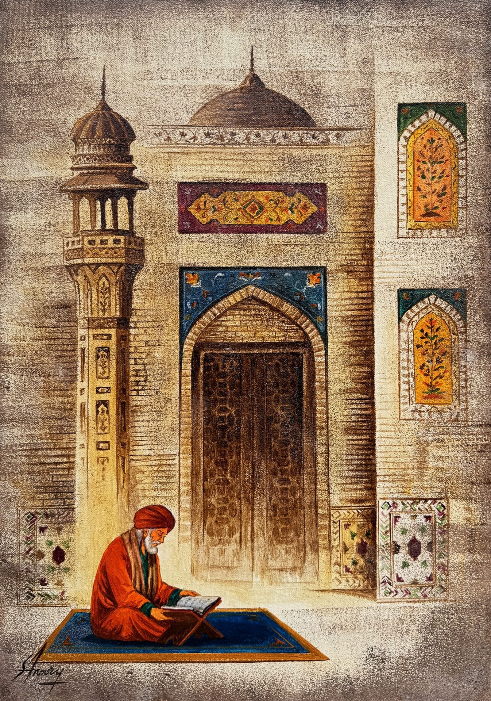 S. A. Noory | Title: Wazir Khan Mosque – Timeless Serenity | Medium: Acrylic On Canvas | Size: 14x20 inches