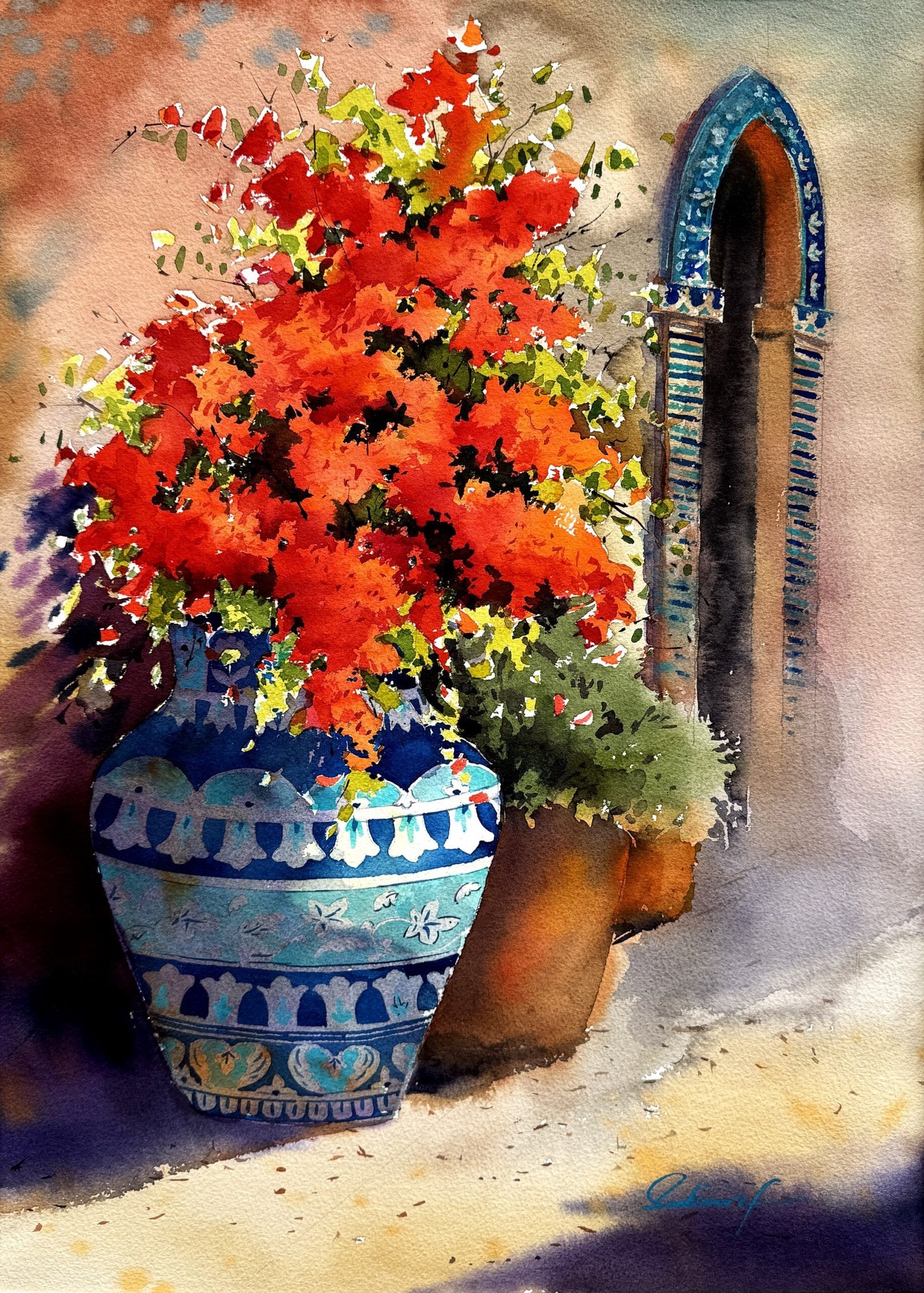 Sadia Arif | Title: Golden Alley | Medium: Watercolor On Paper | Size: 15x21 inches