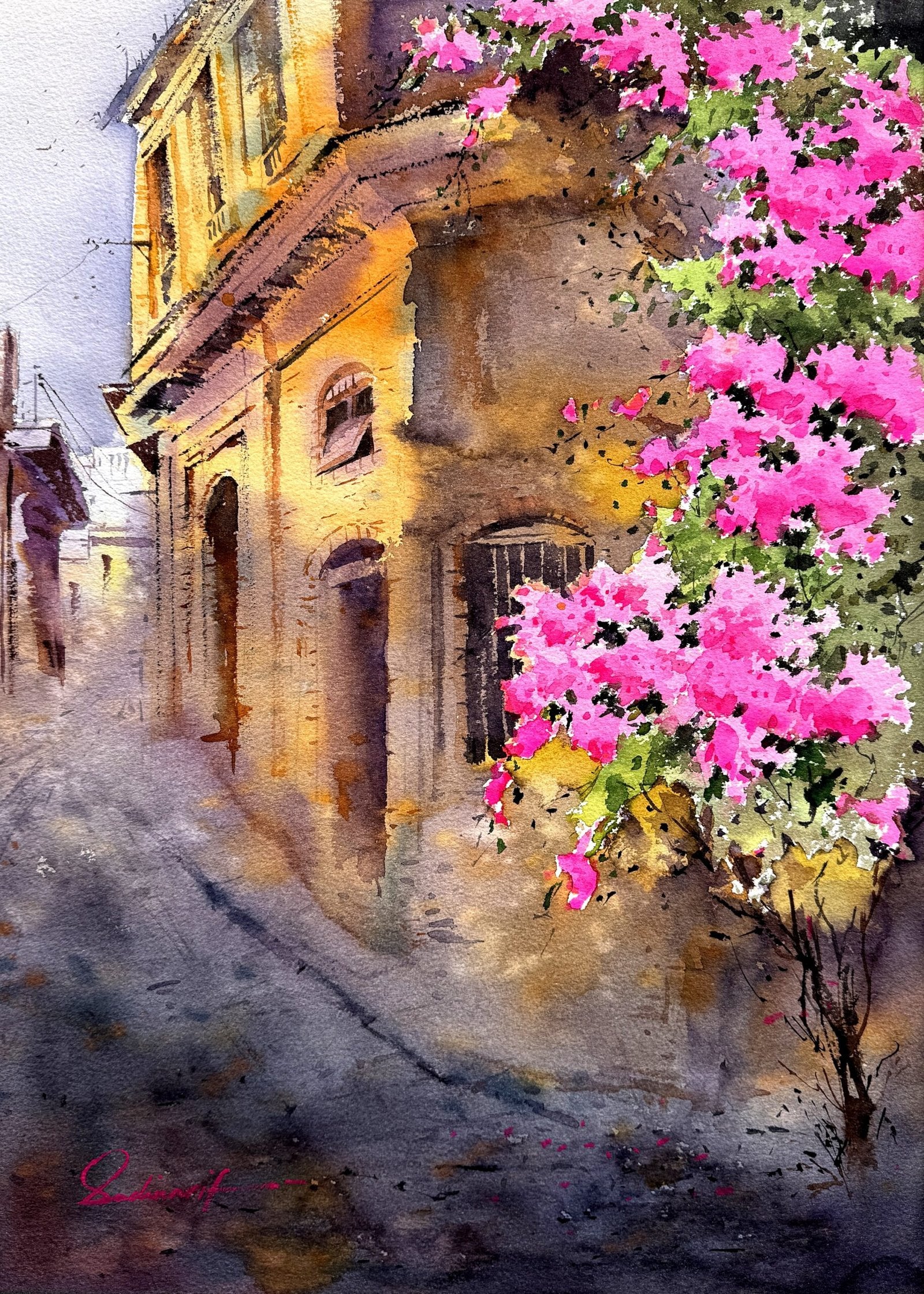 Sadia Arif | Title: Golden Alley | Medium: Watercolor On Paper | Size: 15x21 inches
