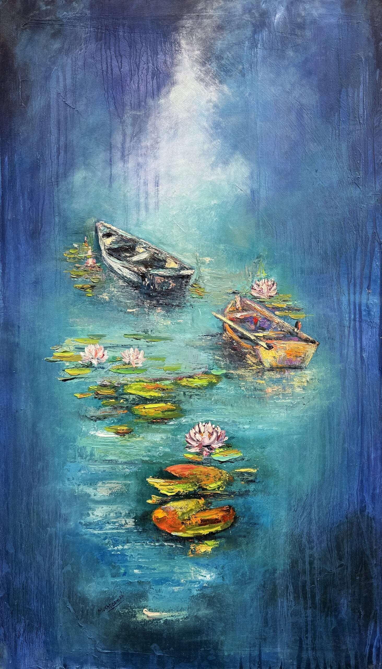 Mukhtoom Fatima | Title: BetweenStillness and Light | Medium: Oil On Canvas | Size: 25x42 inches