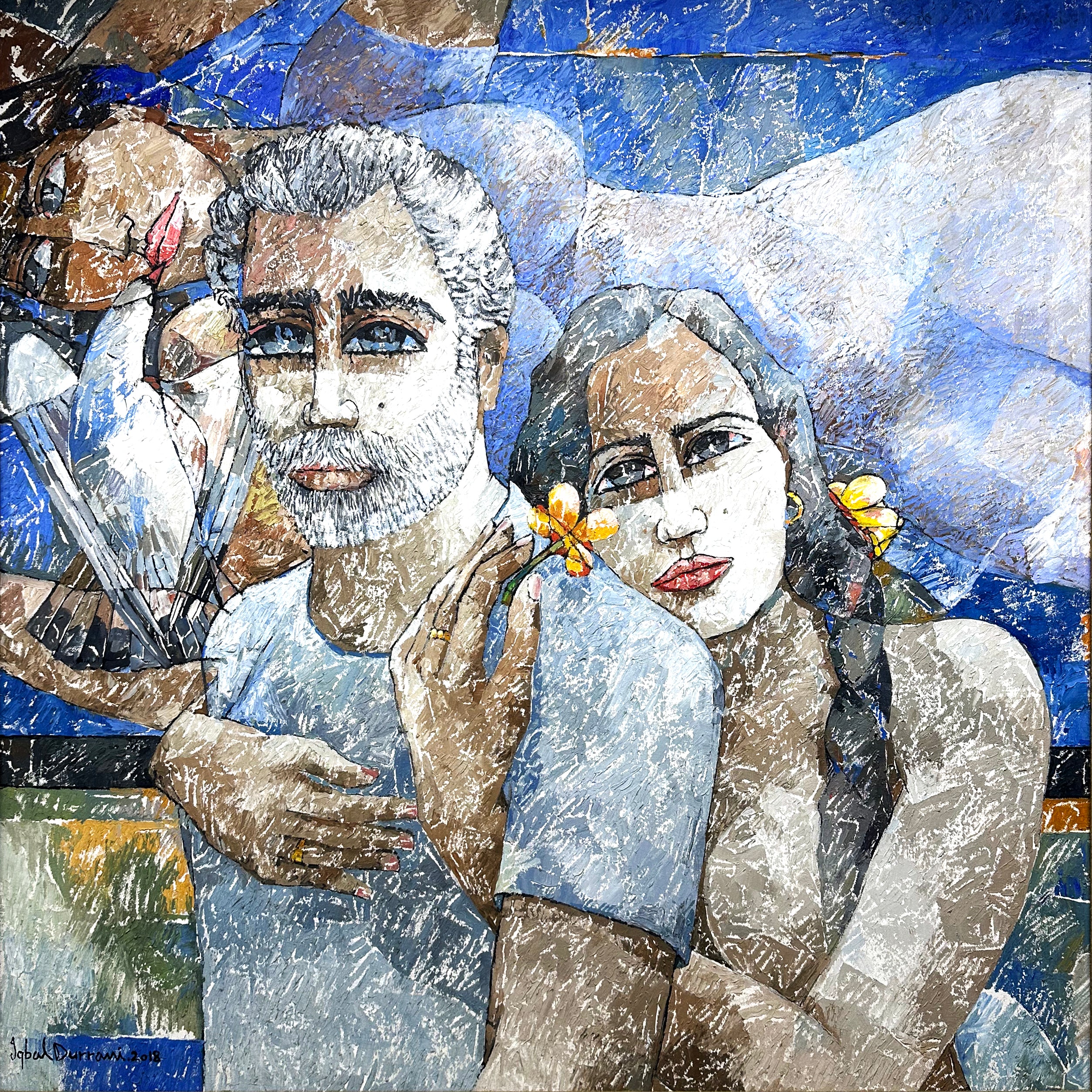 Iqbal Durrani Couple Portrait Oil Knife Work Canvas 36x36 inches