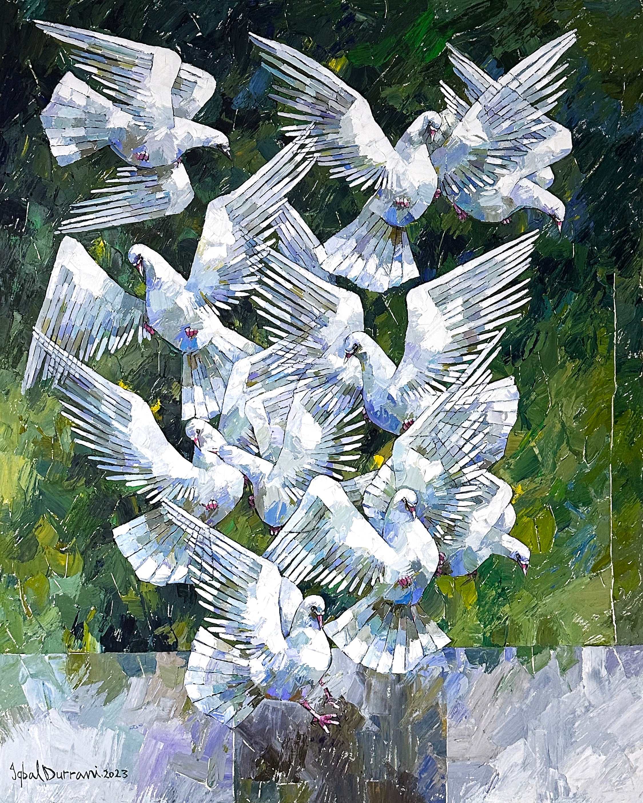 Iqbal Durrani Flock of Doves Large Oil Knife Work Canvas 48x72 inches