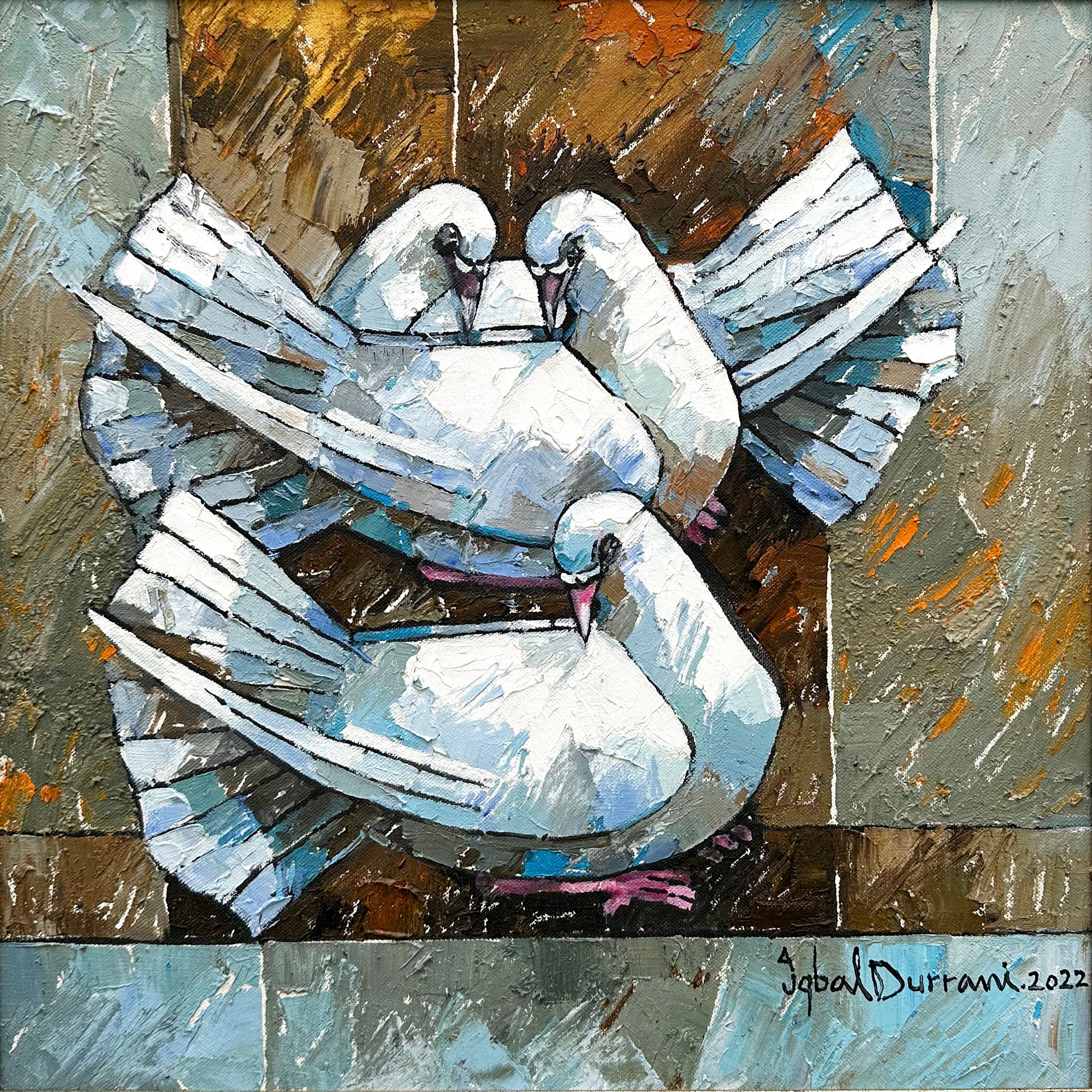 Iqbal Durrani Three Doves Wings Oil Knife Work Canvas 18x18 inches