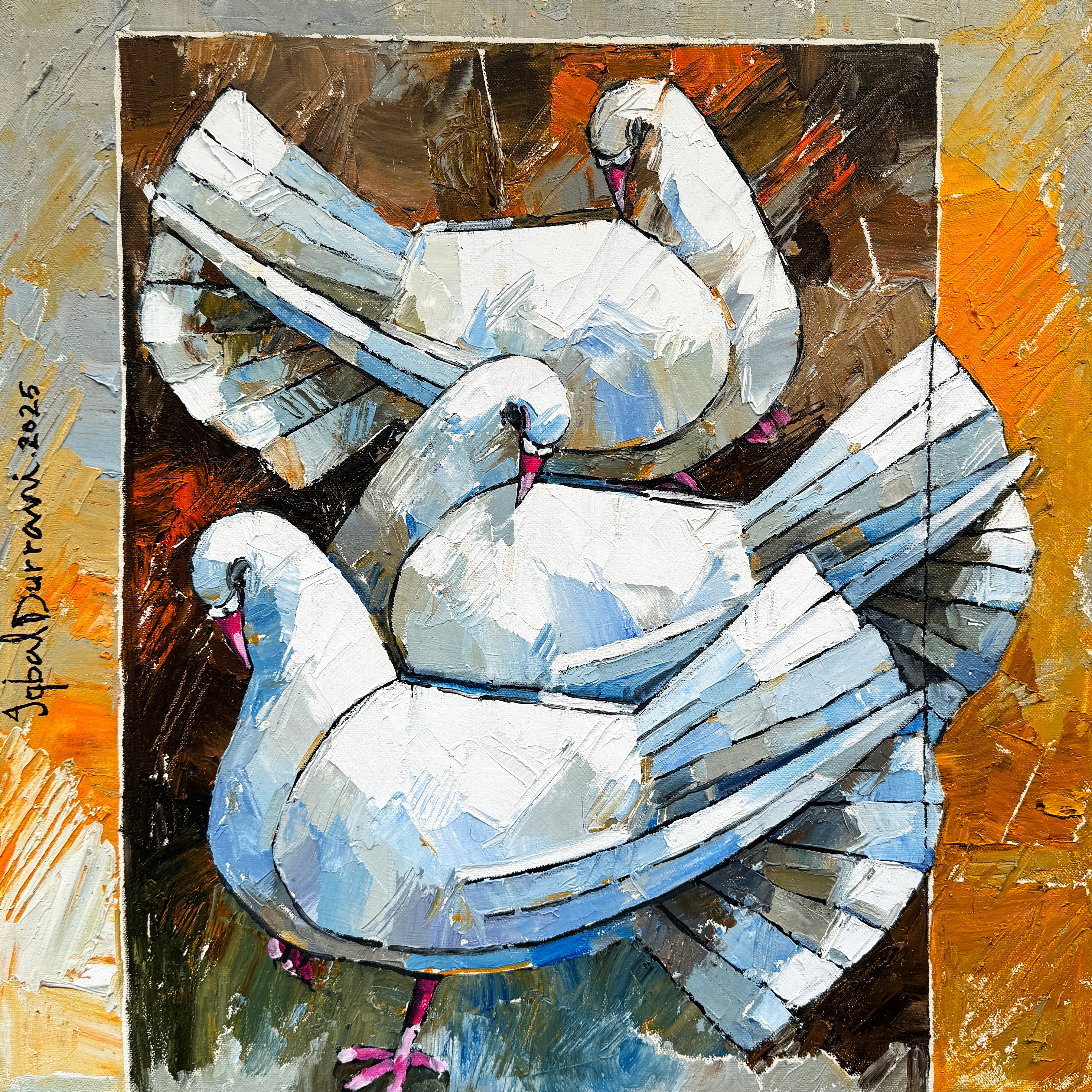 Iqbal Durrani Three White Doves Oil Knife Work Canvas 18x18 inches