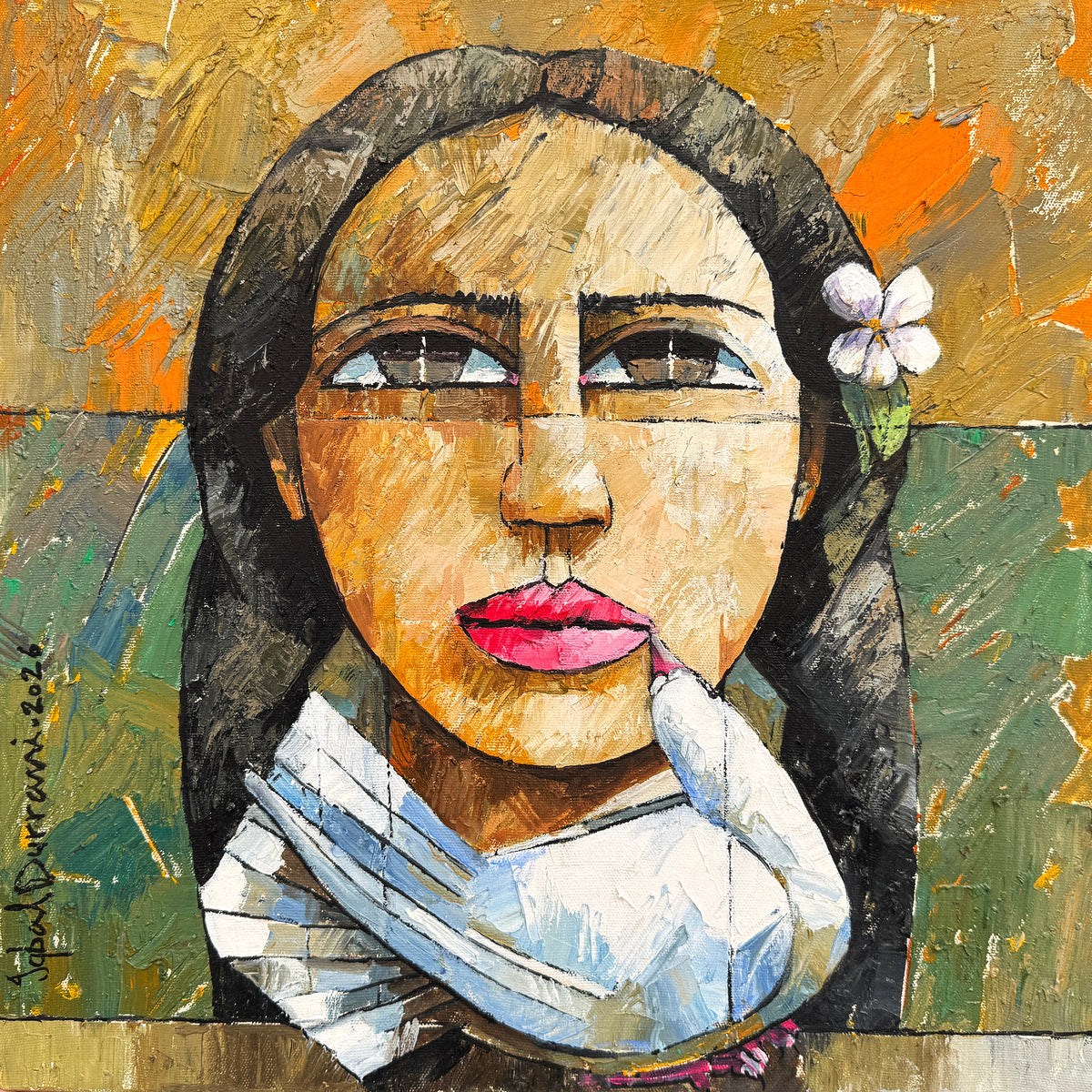 Iqbal Durrani Woman With Dove And Flower oil knife work on canvas 18x18 inches Pakistani contemporary figurative portrait painting
