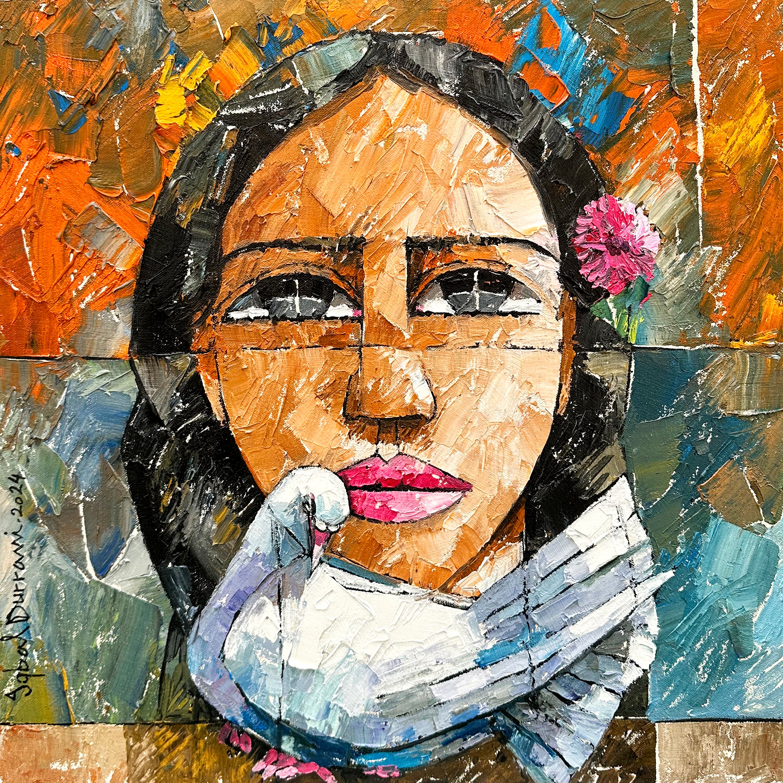 Iqbal Durrani Woman with Dove Oil Knife Work Canvas 18x18 inches