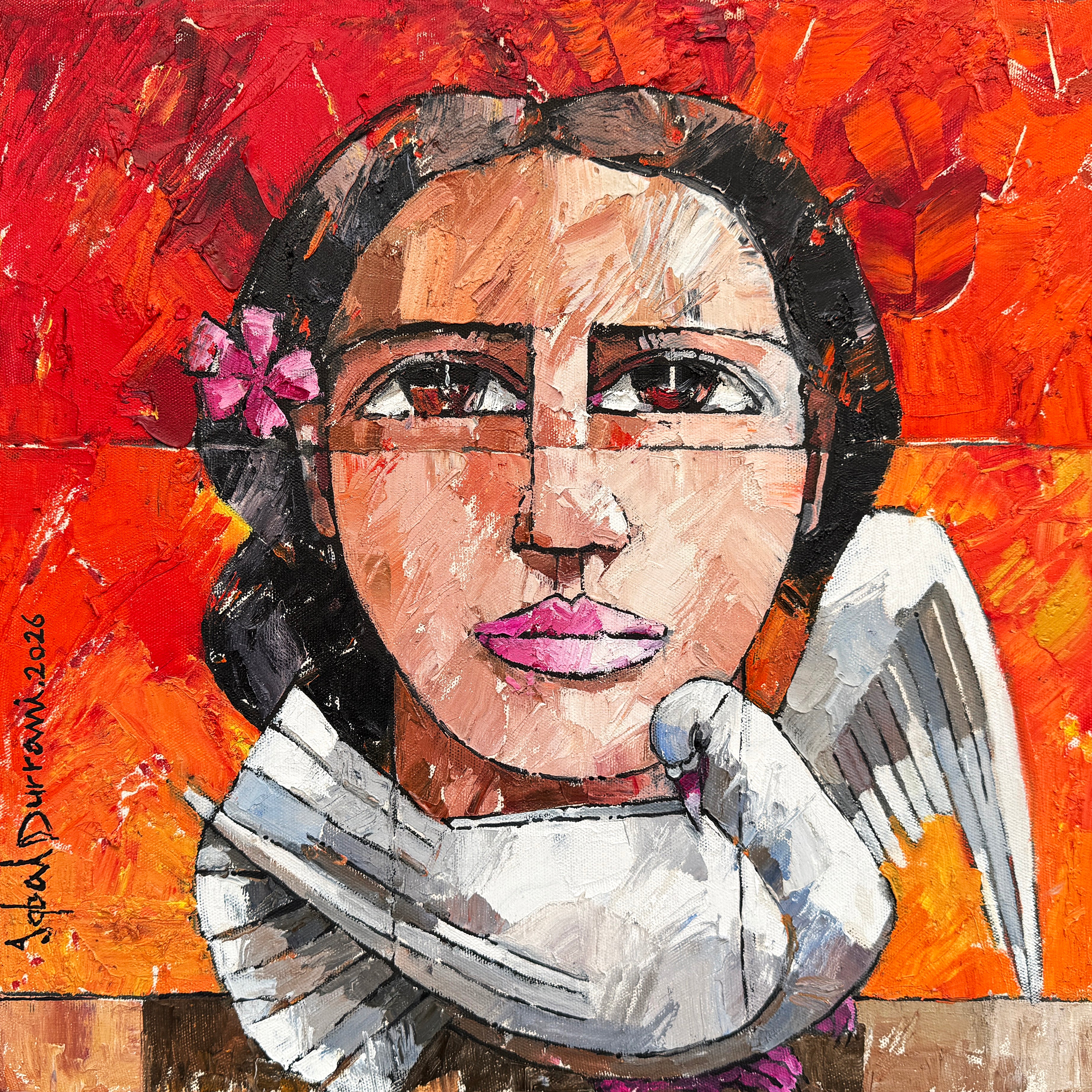 Iqbal Durrani Woman with Dove Painting 18x18 inches