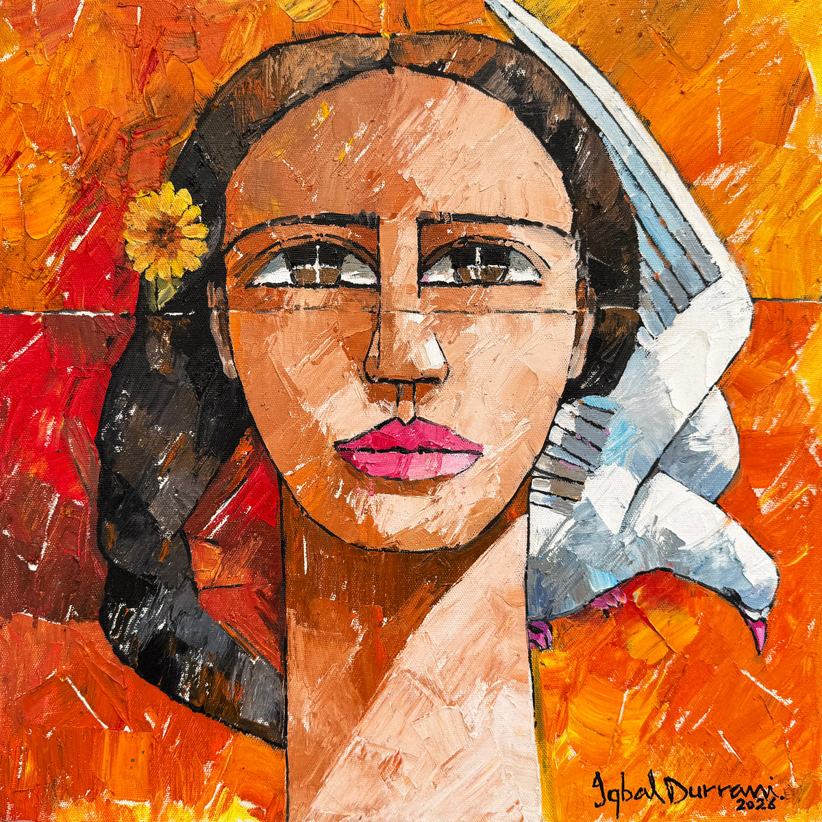 Iqbal Durrani Woman With Dove Portrait oil knife work on canvas 18x18 inches Pakistani contemporary figurative portrait painting
