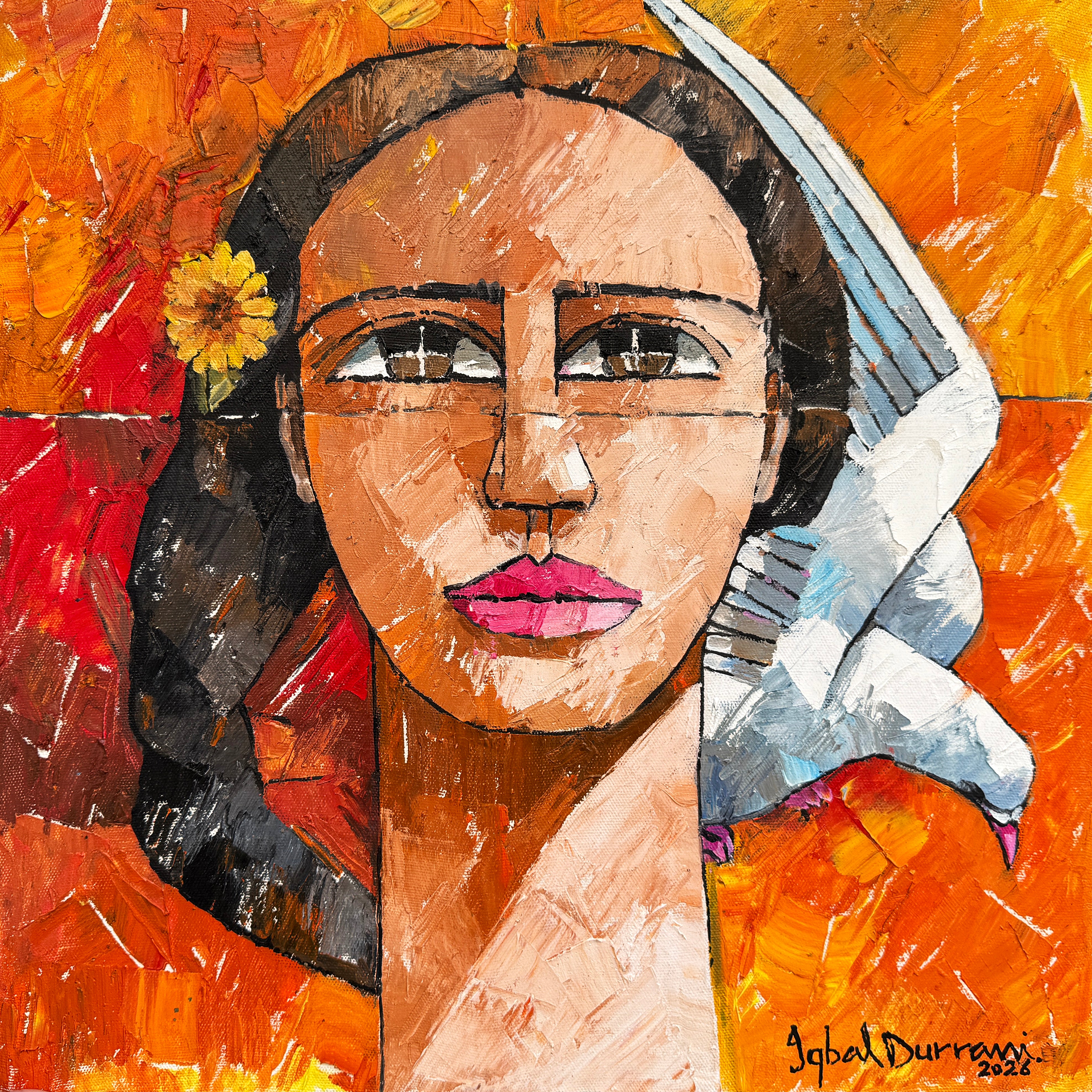 Iqbal Durrani Woman with Dove Portrait Painting 18x18 inches