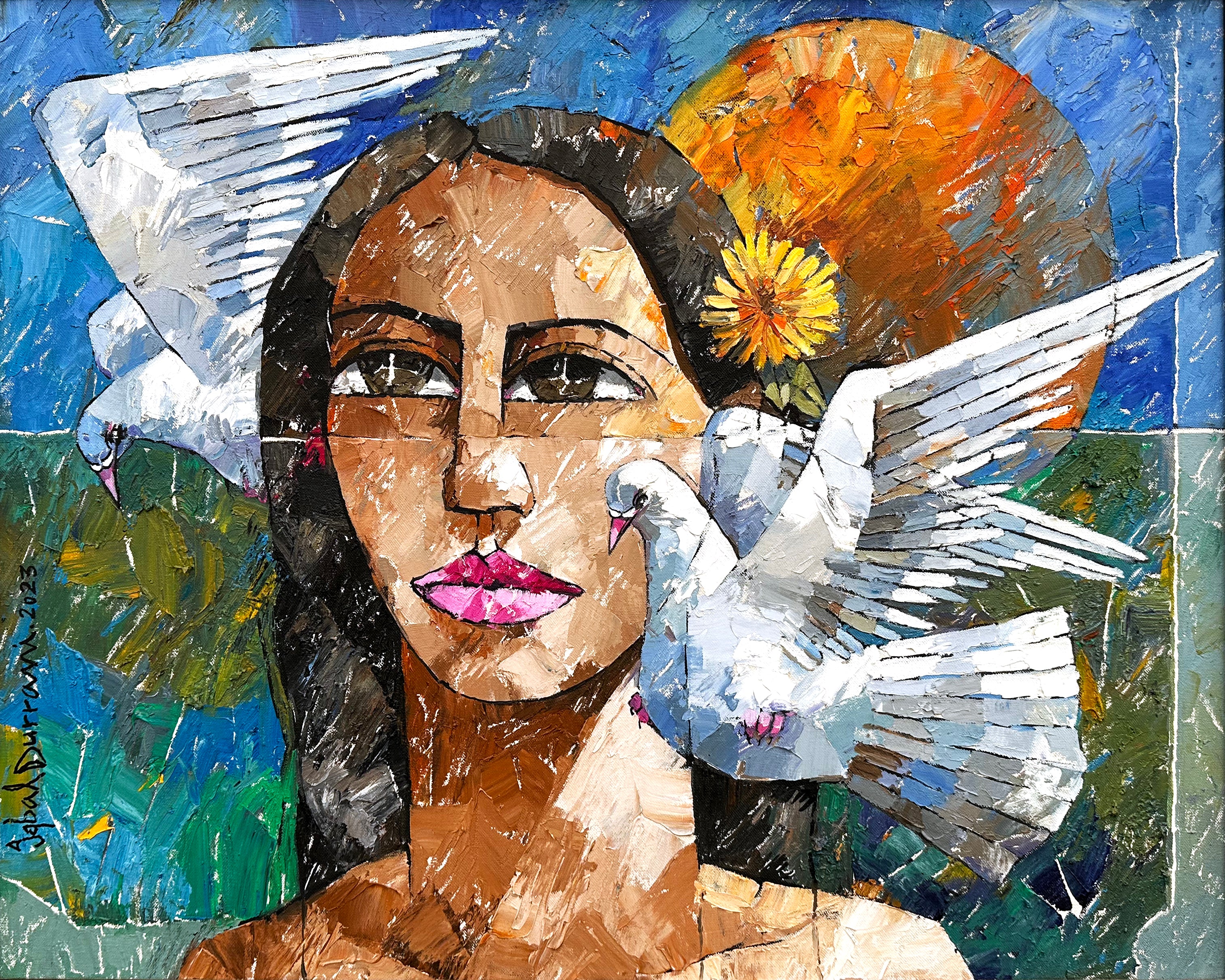 Iqbal Durrani Woman with Doves Oil Knife Work Canvas 24x30 inches