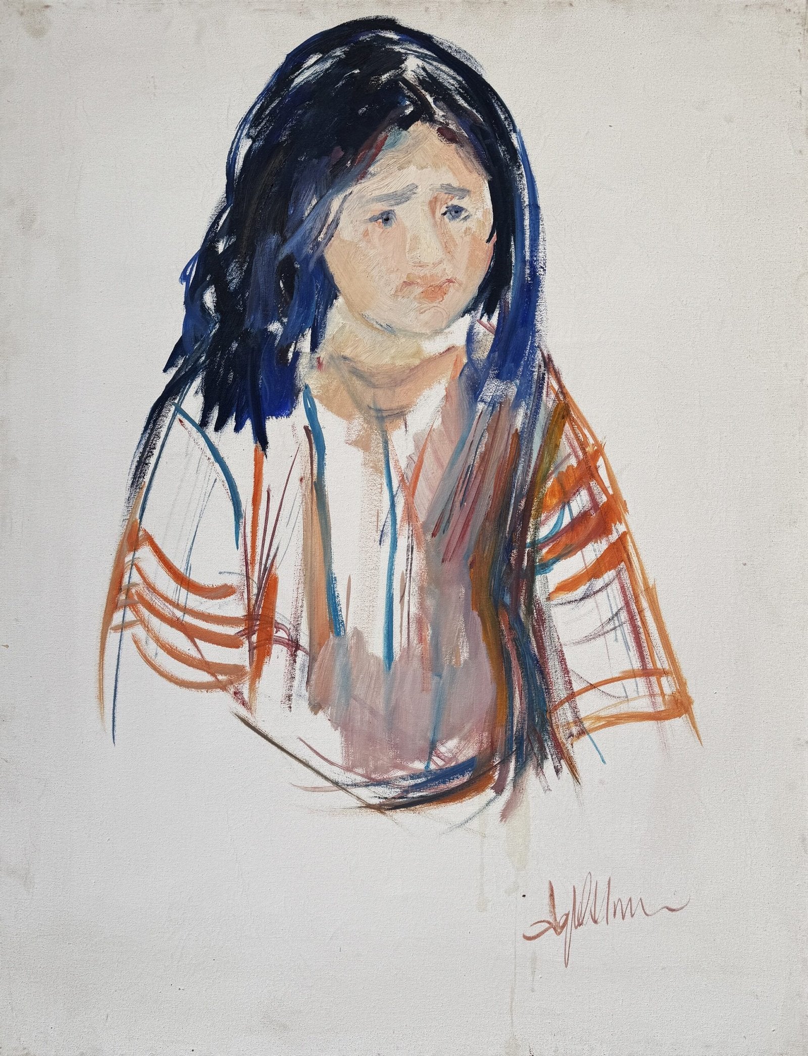 Iqbal Hussain Blue Hair Portrait Oil Painting 26x34 in