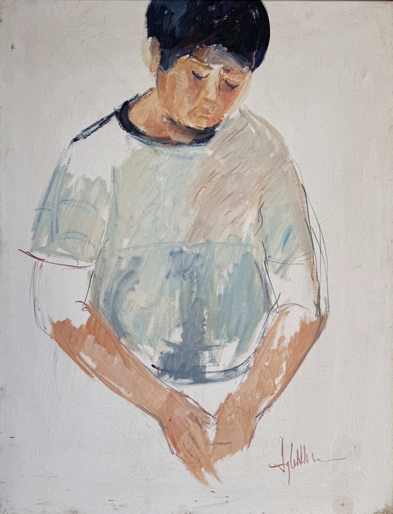 Iqbal Hussain Contemplative Portrait Oil Canvas 26×34 inches