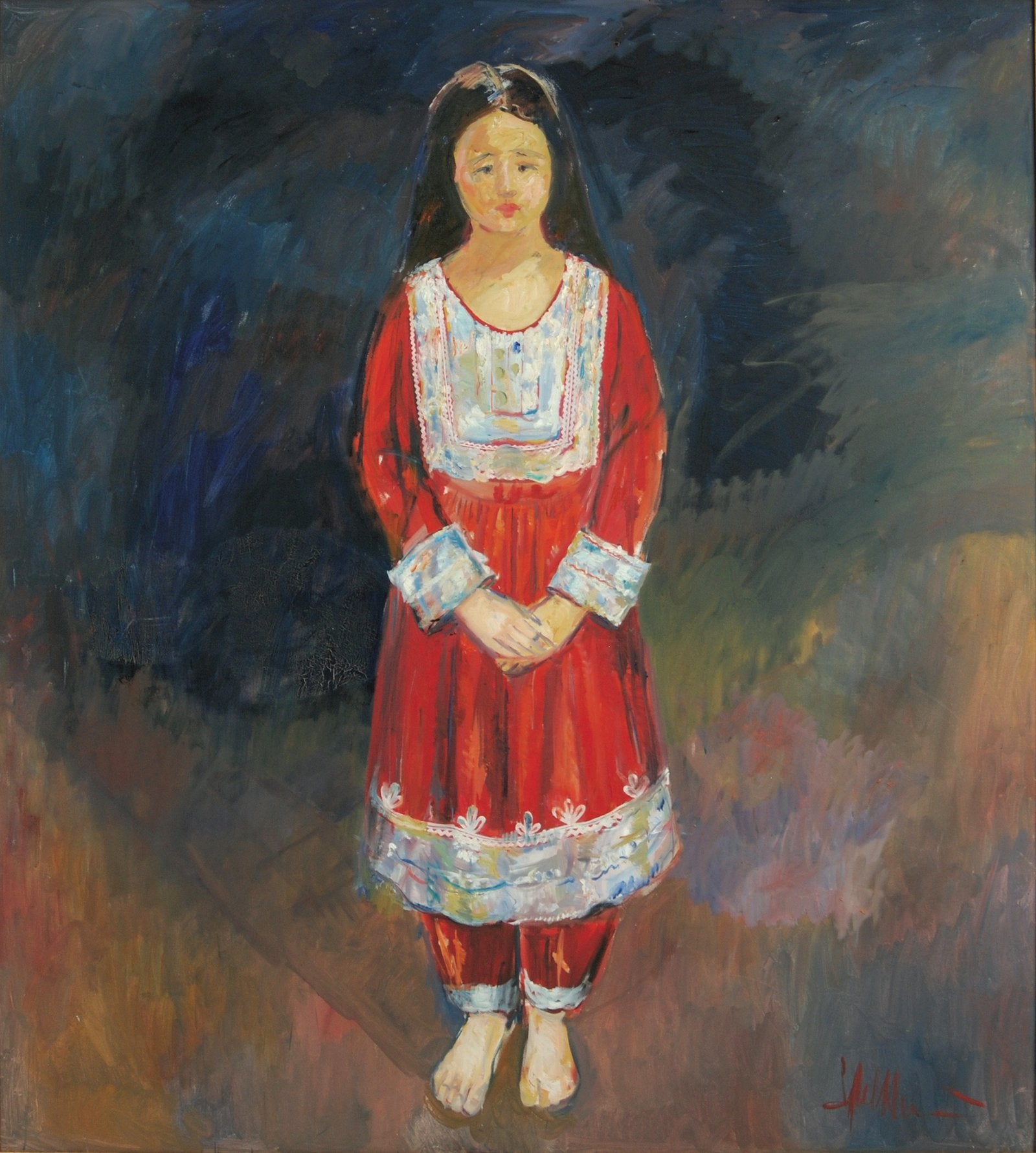 Iqbal Hussain Girl in Red Oil Canvas 54x60 inches