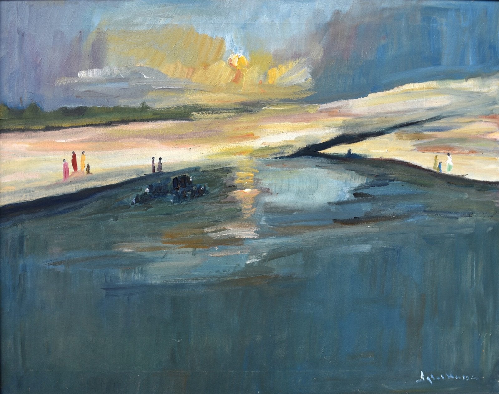 Iqbal Hussain Ravi River Sunset Oil Canvas 24x30 inches