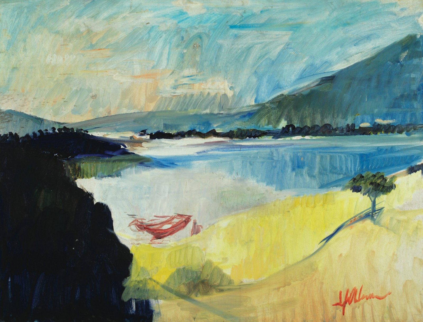 Iqbal Hussain Red Boat Lake Oil Painting 26x34 in
