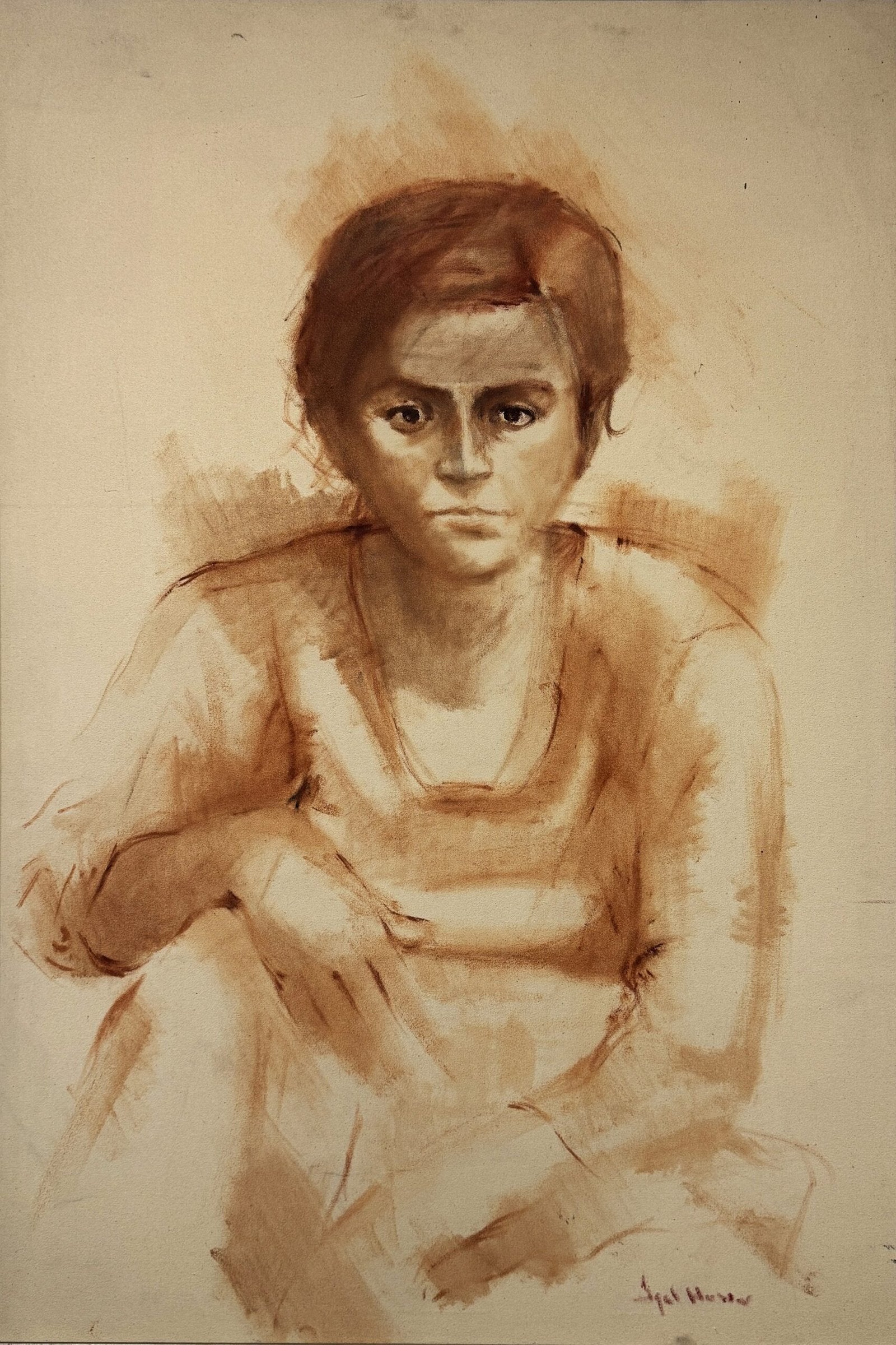 Iqbal Hussain Sepia Woman Portrait Oil Canvas 24x36 inches